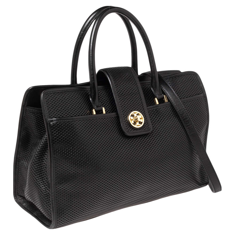 Tory Burch Black Perforated Leather Turnlock Flap Tote Tory Burch