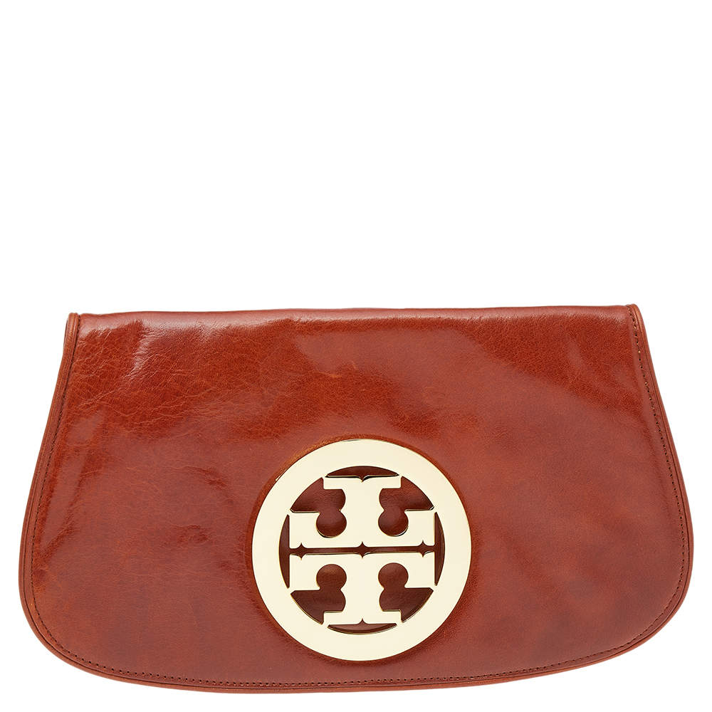 Pre Owned Tory Burch Brown Leather Reva Flap Clutch