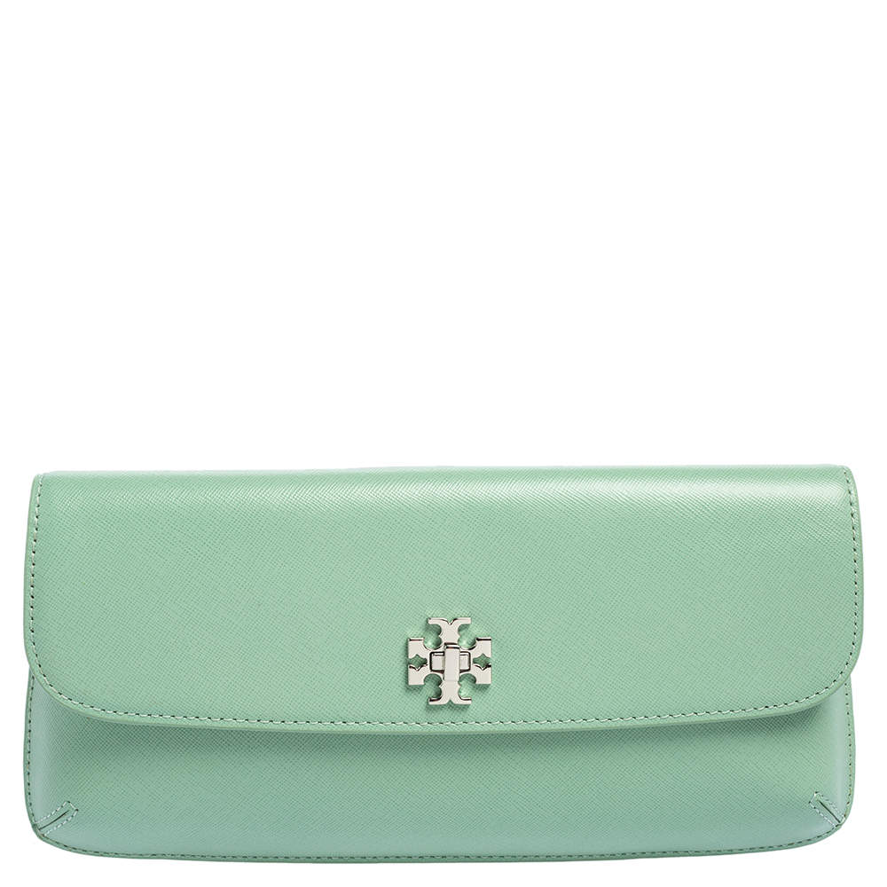 Pre Owned Tory Burch Mint Green Leather Slim Diana Flap Clutch