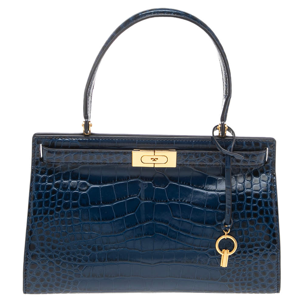 Pre Owned Tory Burch Blue Crocodile Embossed Leather Lee Radziwill Top Handle Bag