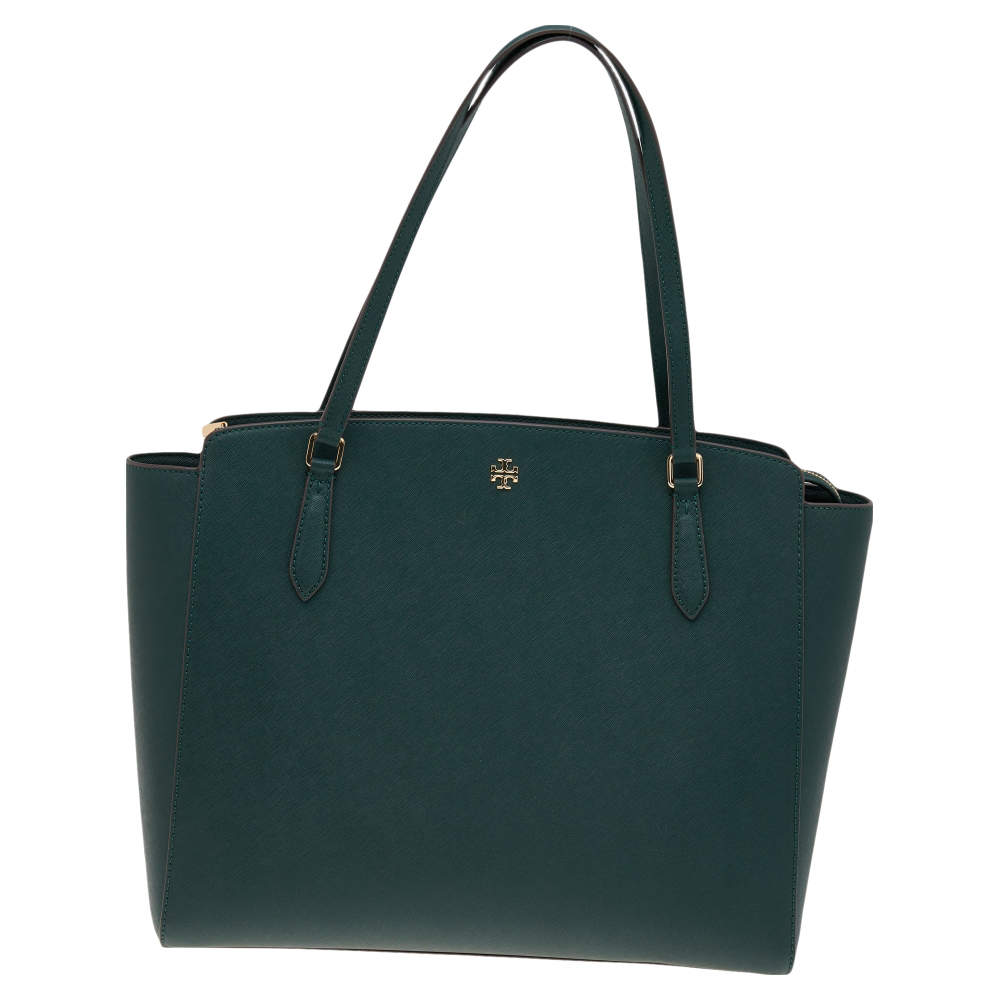 Tory Burch Green Saffiano Leather Large Emerson Top Zip Tote