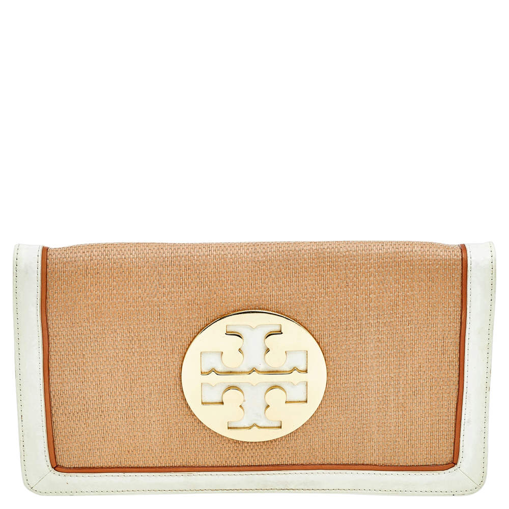 Pre Owned Tory Burch Beige/Off White Raffia And Patent Leather Reva Foldover Clutch