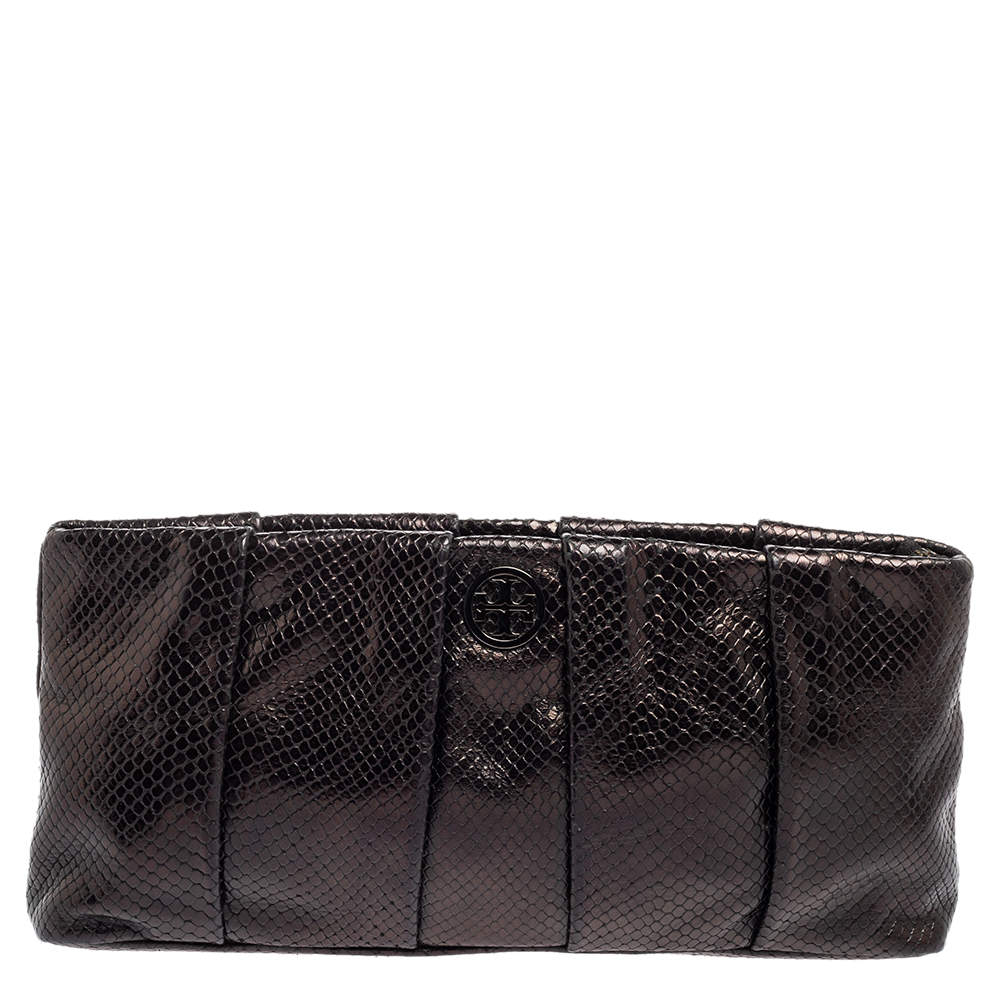 Pre Owned حقيبة كلتش توري برش جلد نقش ثعبان أسود