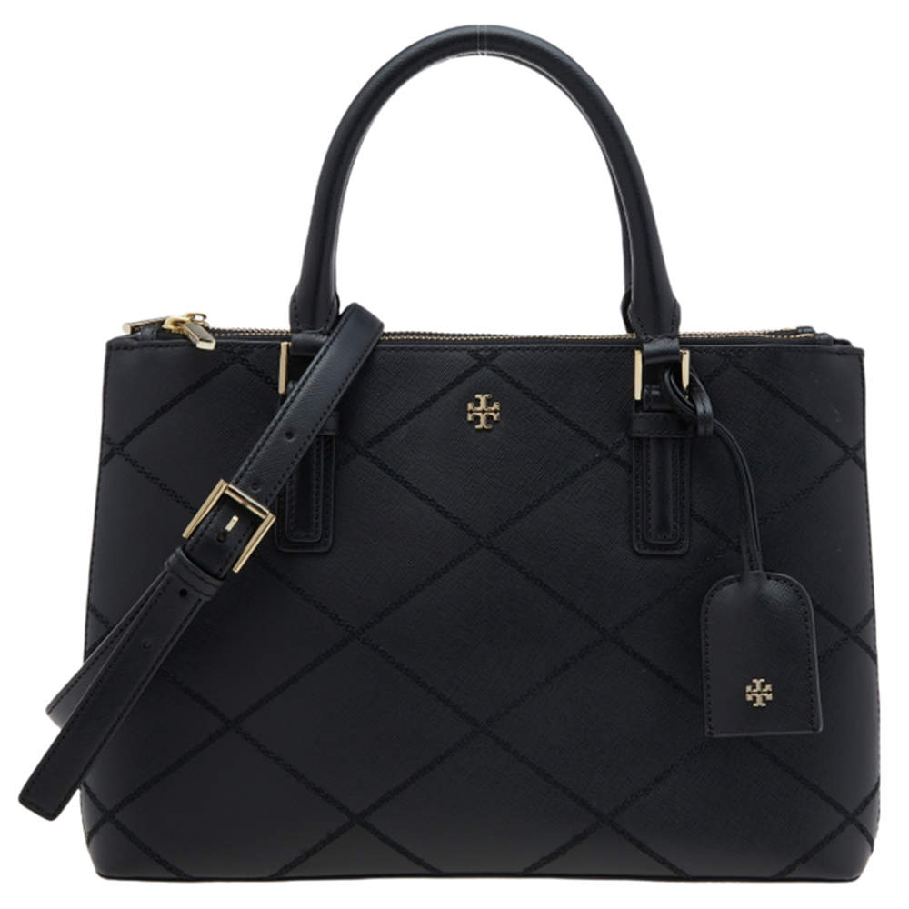 Tory Burch Black Wild Stitch Leather Robinson Double Zip Tote Tory