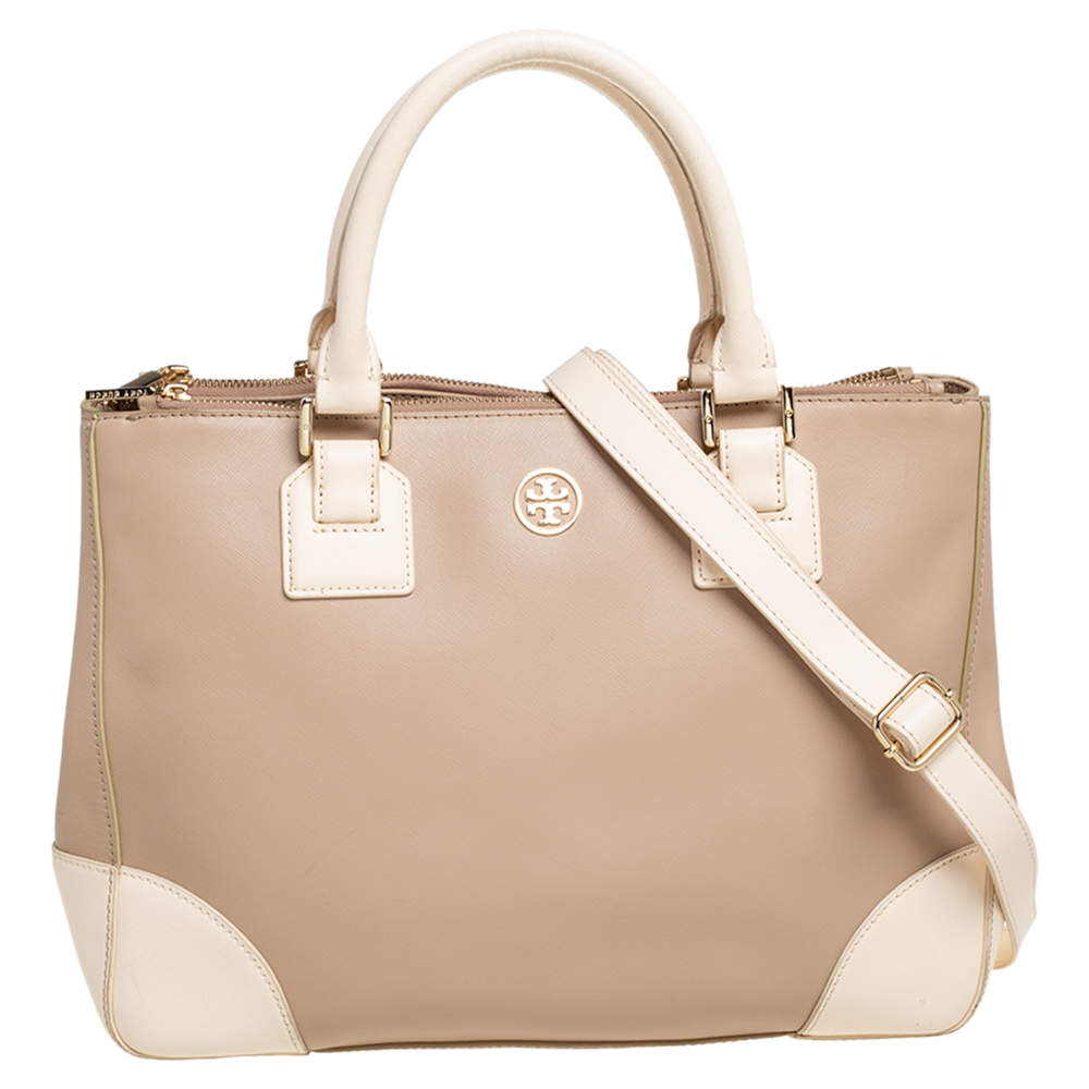 Tory Burch Two Tone Saffiano Lux Leather Robinson Tote Bag in