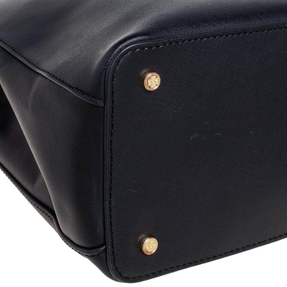 Tory Burch Robinson Small Saffino Leather Tote- Black 53059-001  192485103243 - Handbags, Robinson - Jomashop