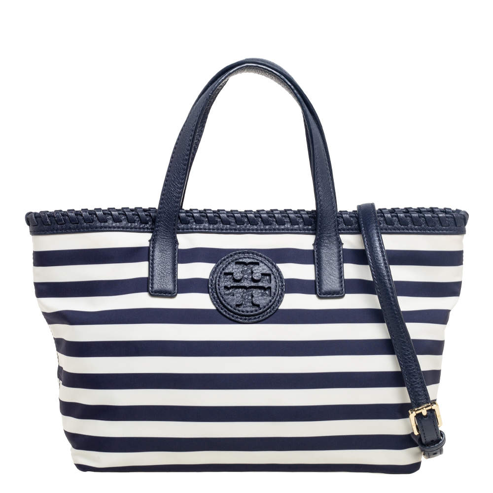 Tory Burch Multicolor Stripe Raffia and Leather Marion Tote Tory Burch