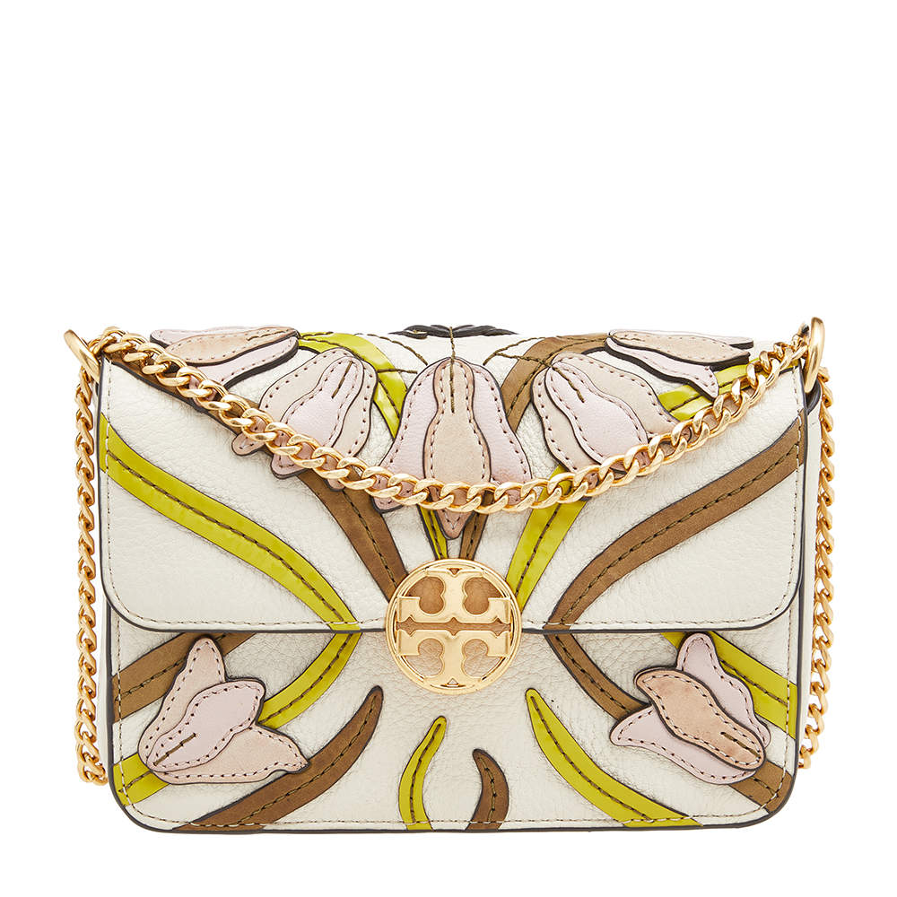 Pre Owned حقيبة كتف توري برش جلد كريمي بلوحة الشعار وقلاب