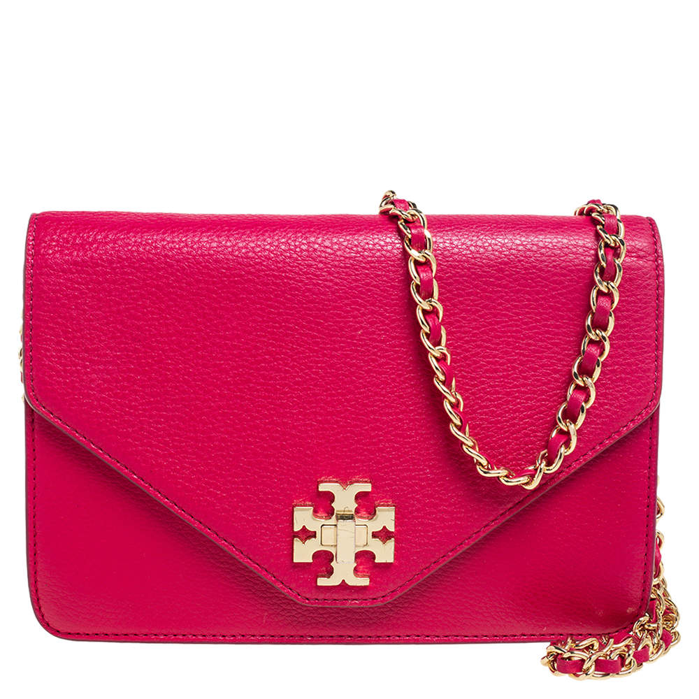 Pre Owned Tory Burch Hot Pink Leather Kira Envelope Chain Shoulder Bag