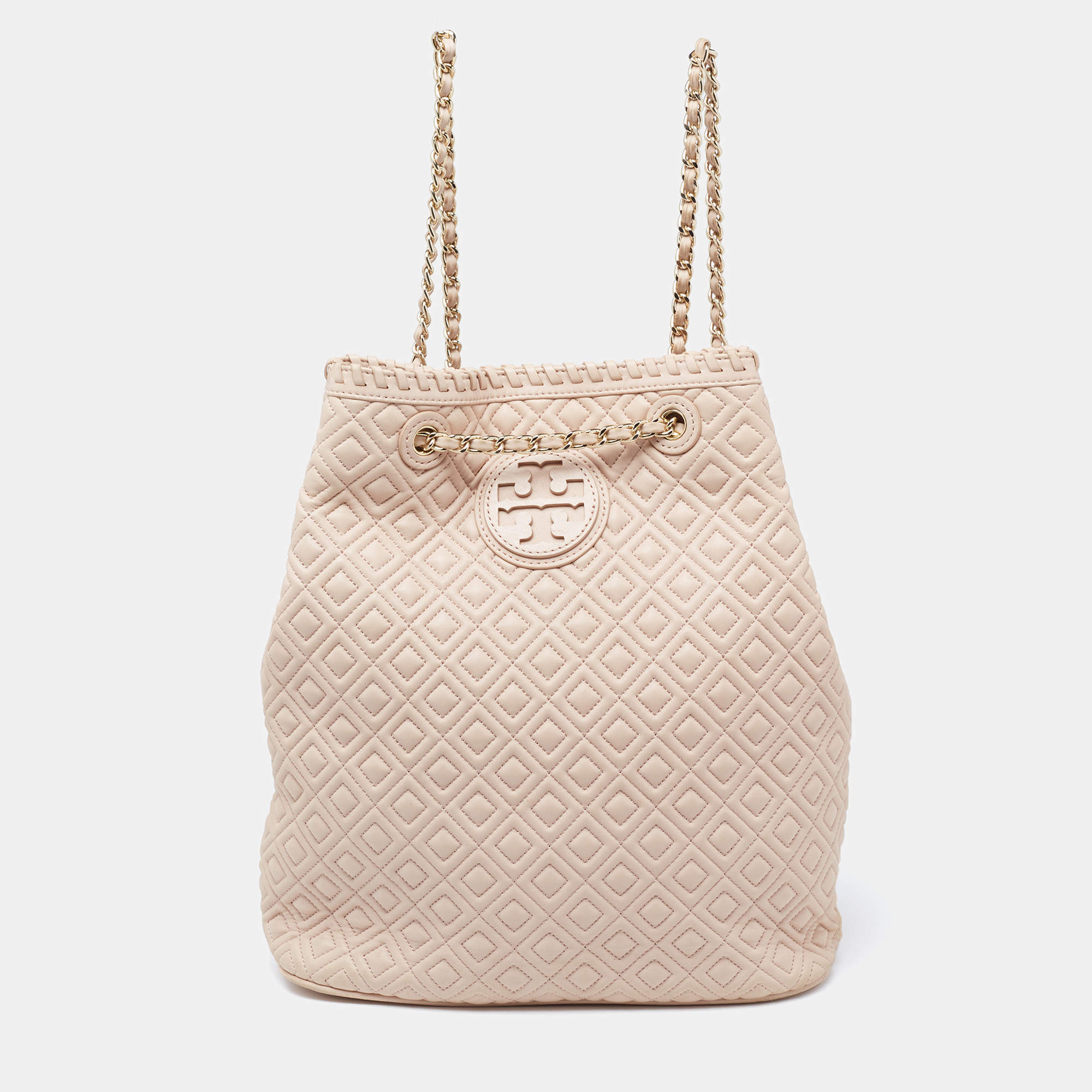 Pre Owned Tory Burch Powder Pink Leather Drawstring Backpack