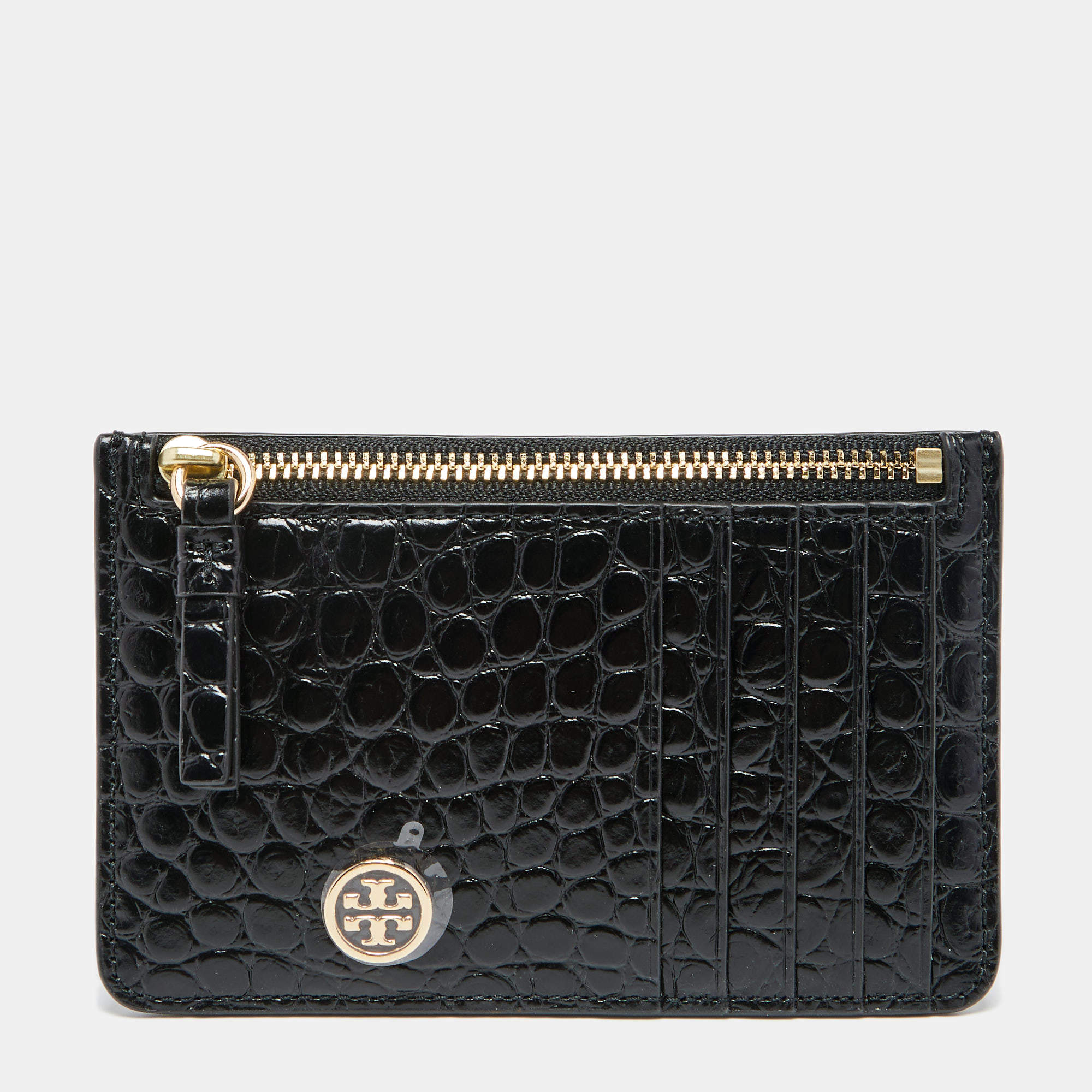 Pre Owned Tory Burch Black Croc Embossed Leather Walker Top Zip Card Holder