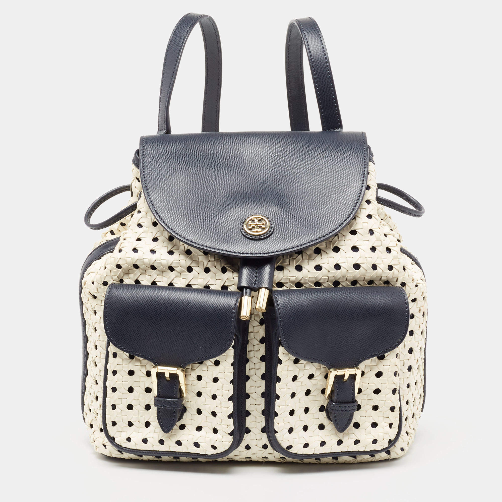 Pre Owned Tory Burch Navy Blue/White Woven and Saffiano Leather Piper Backpack