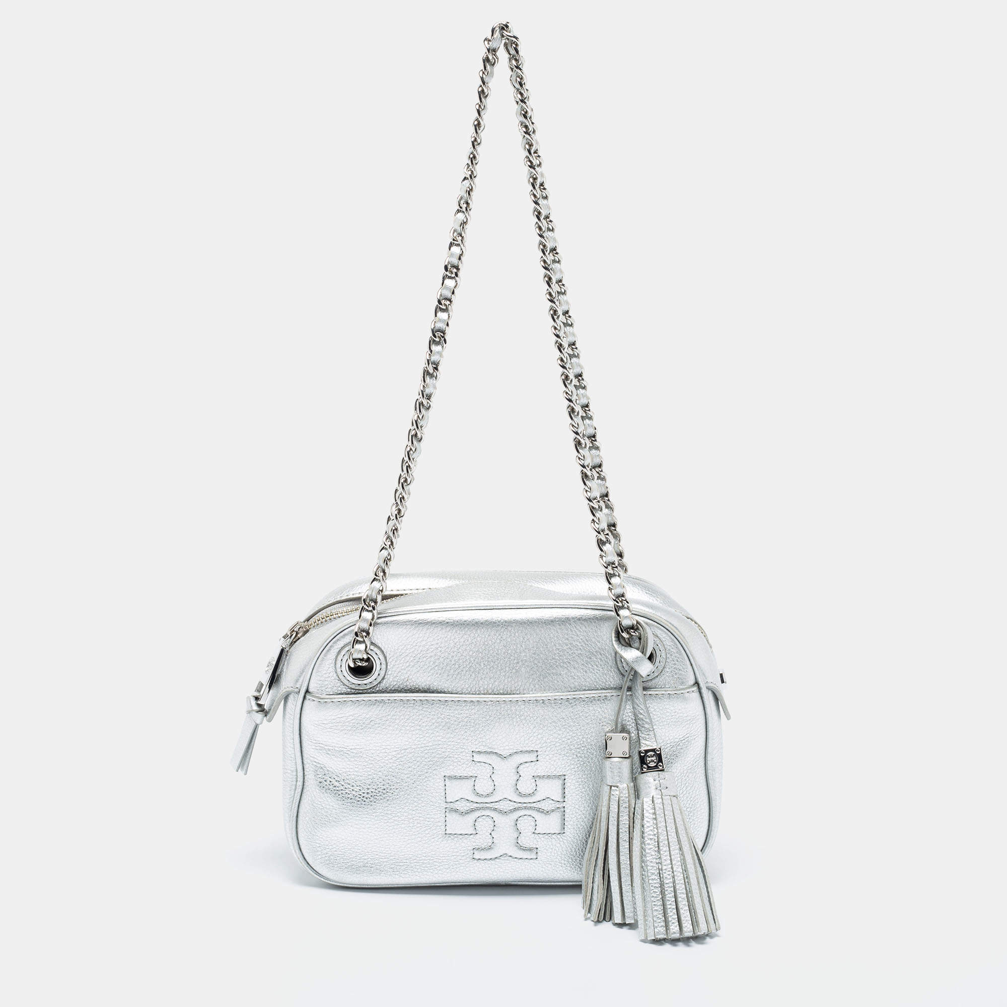 Pre Owned Tory Burch Silver Leather Thea Chain Crossbody Bag