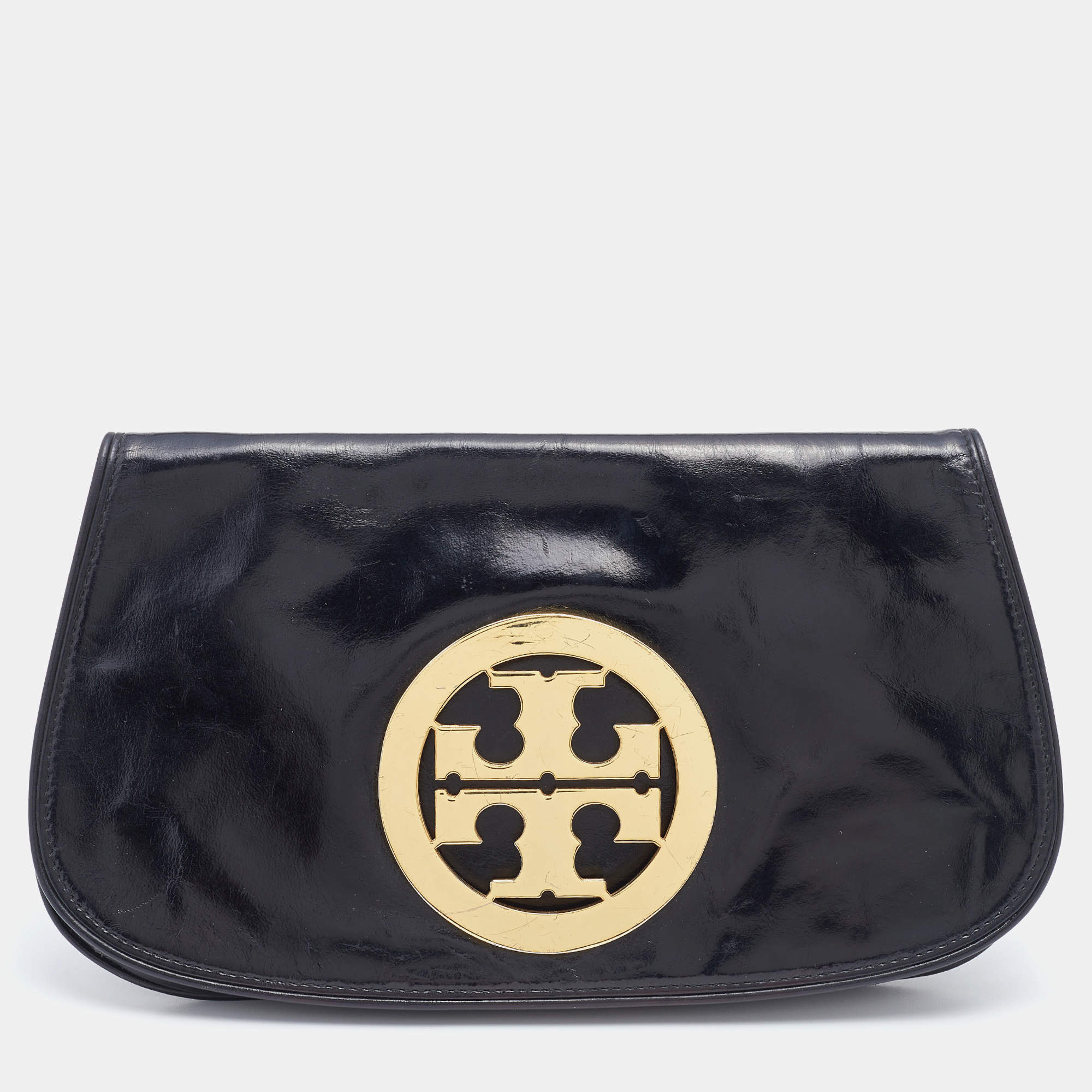 Pre Owned Tory Burch Black Patent Leather Reva Flap Clutch