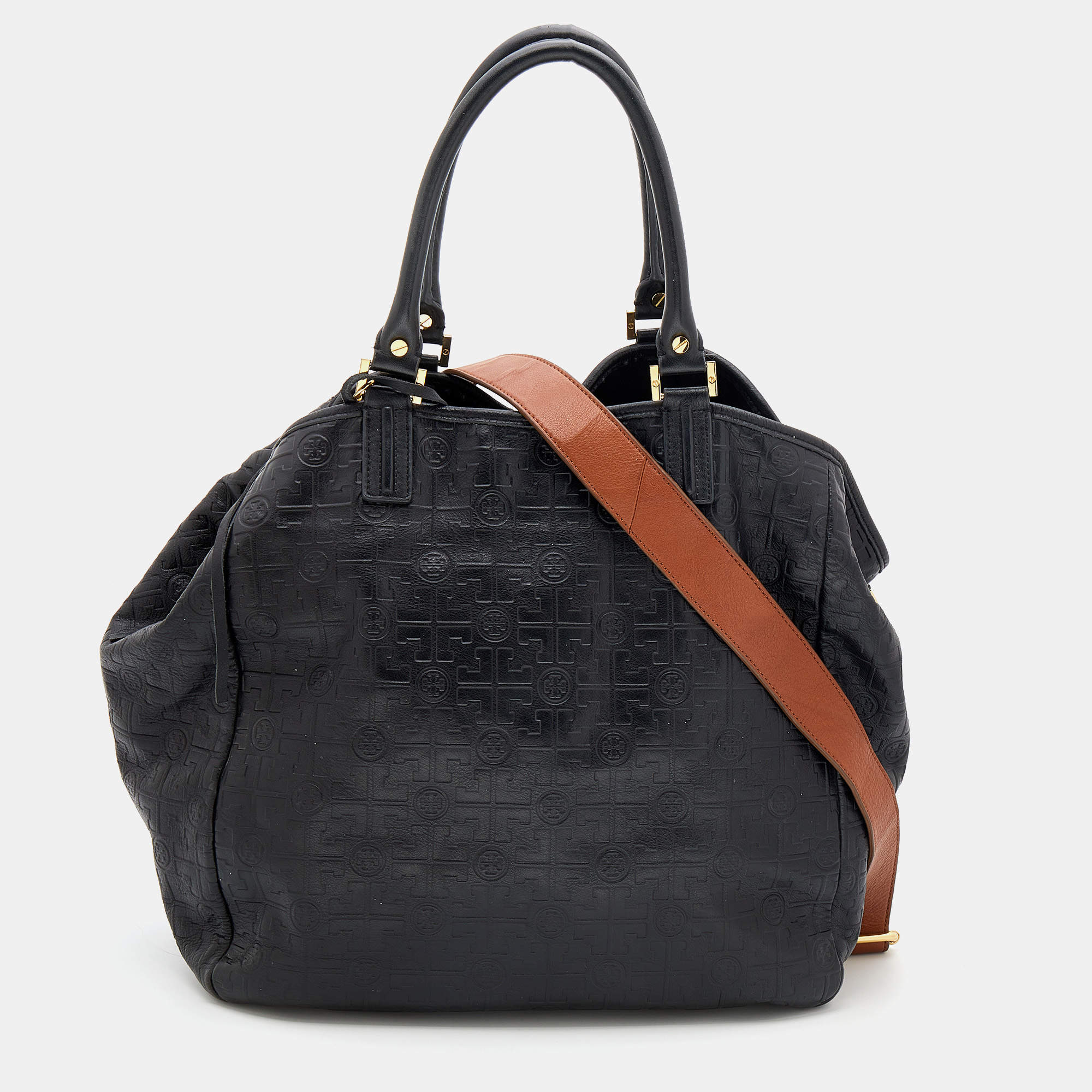مملوكة مسبقًا Tory Burch Black Logo Embossed Leather Dafina Tote
