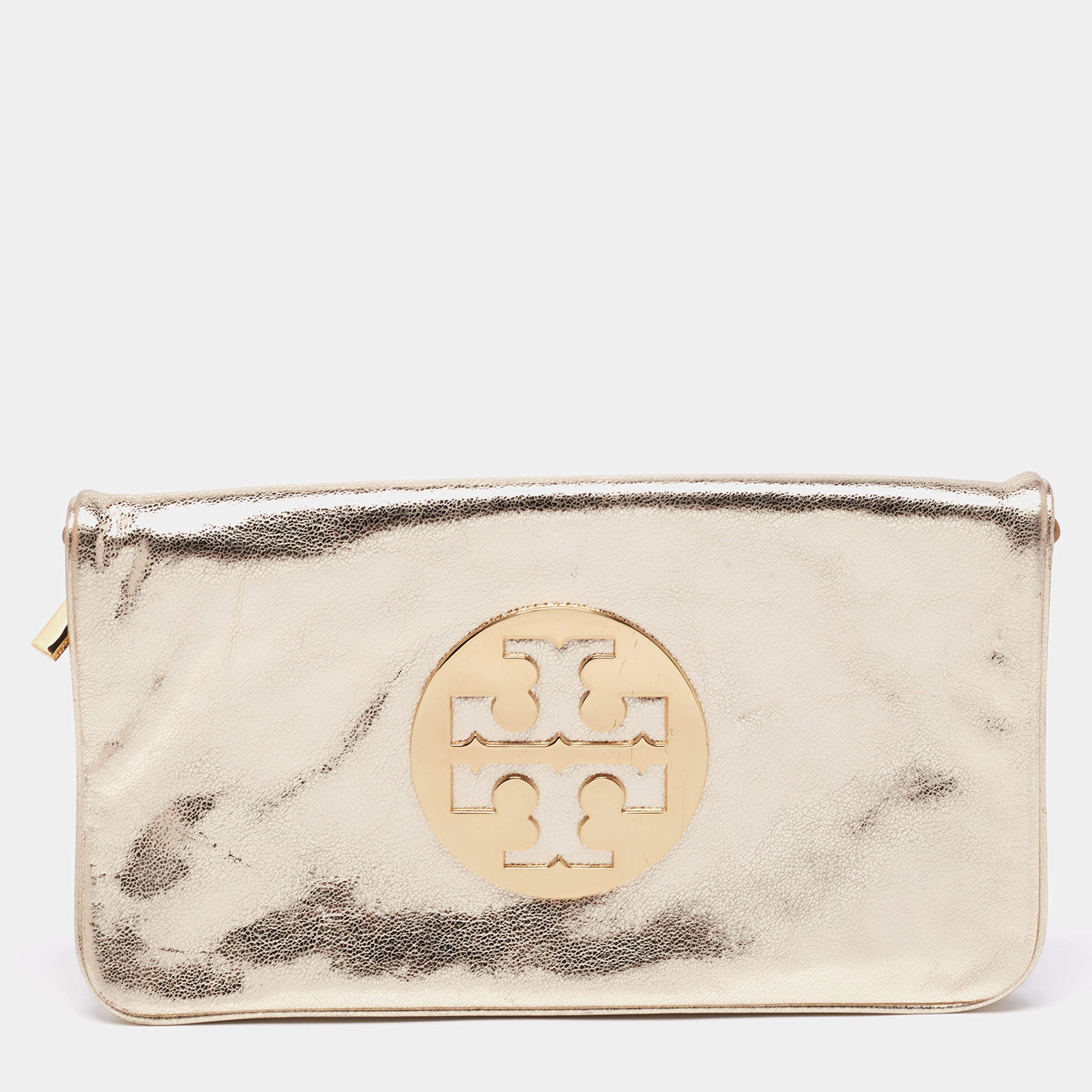 مملوكة مسبقًا Tory Burch Metallic Gold Leather Reva Chain Clutch