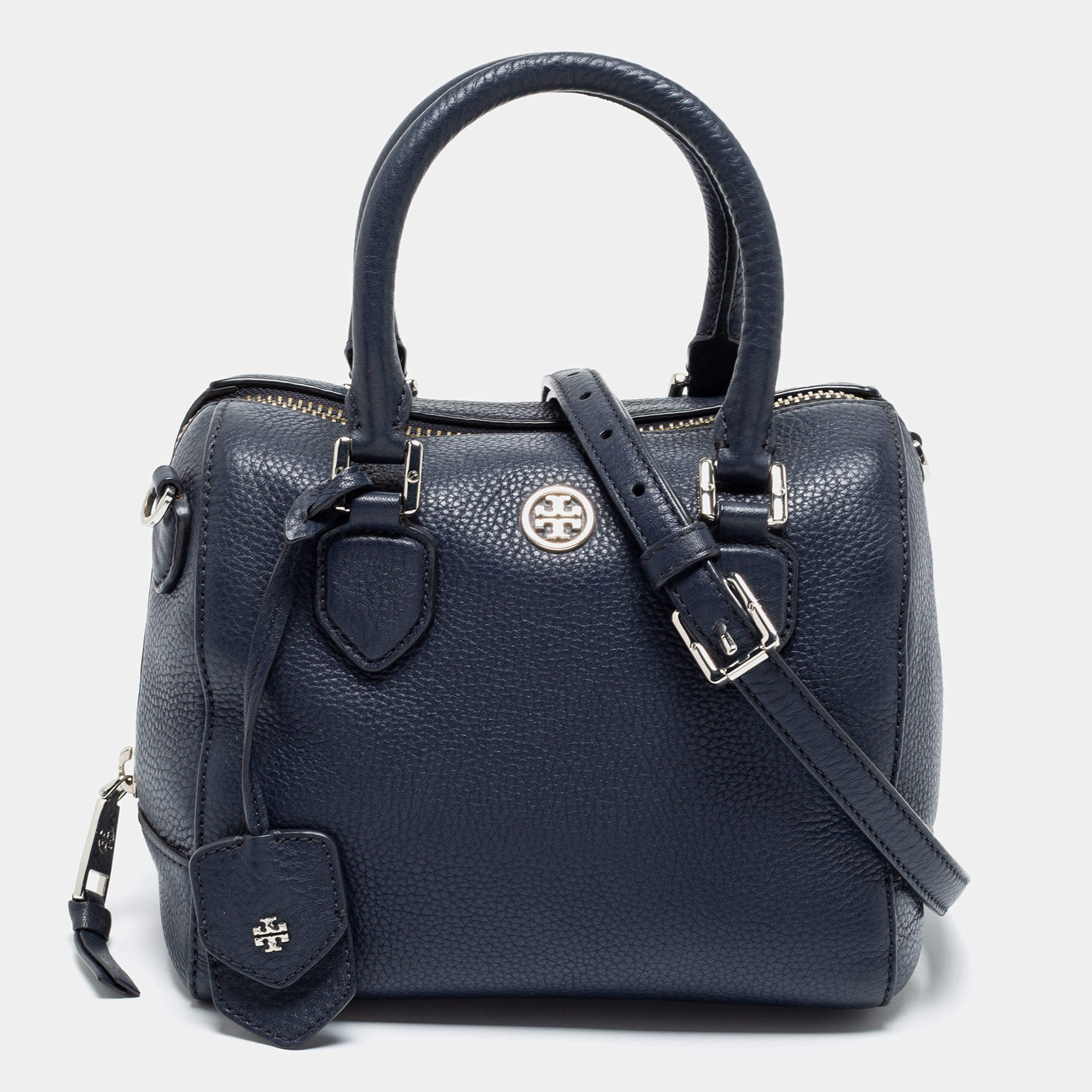 Pre Owned Tory Burch Navy Blue Pebbled Leather Mini Robinson Middy Satchel