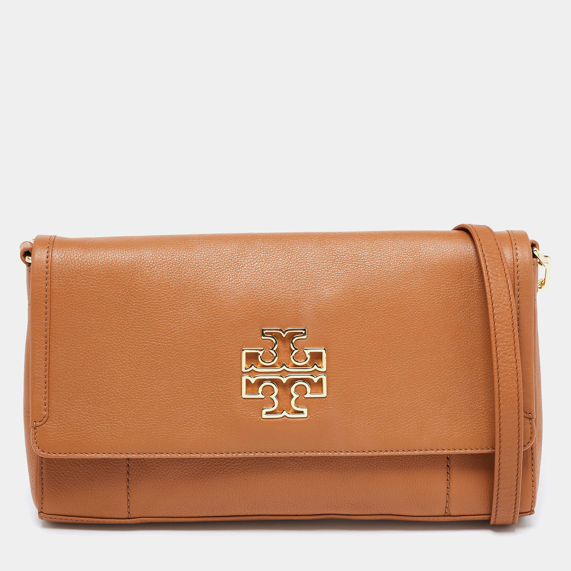 Pre Owned Tory Burch Brown Britten Leather Fold Over Crossbody Bag
