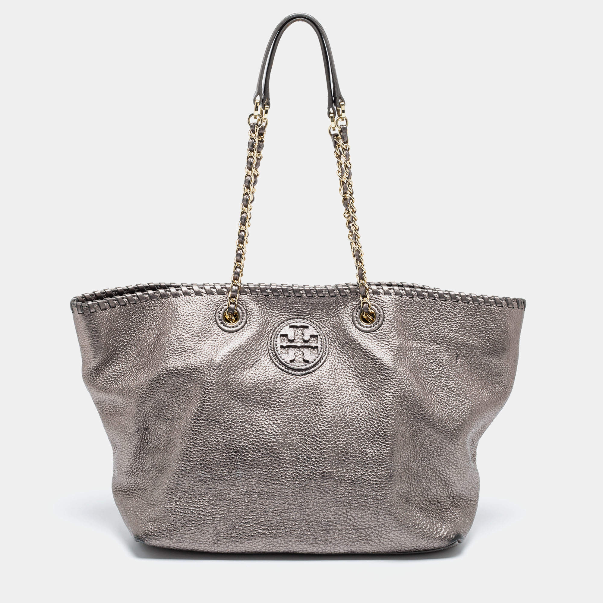 Pre Owned Tory Burch Metallic Grey Leather Marion Tote