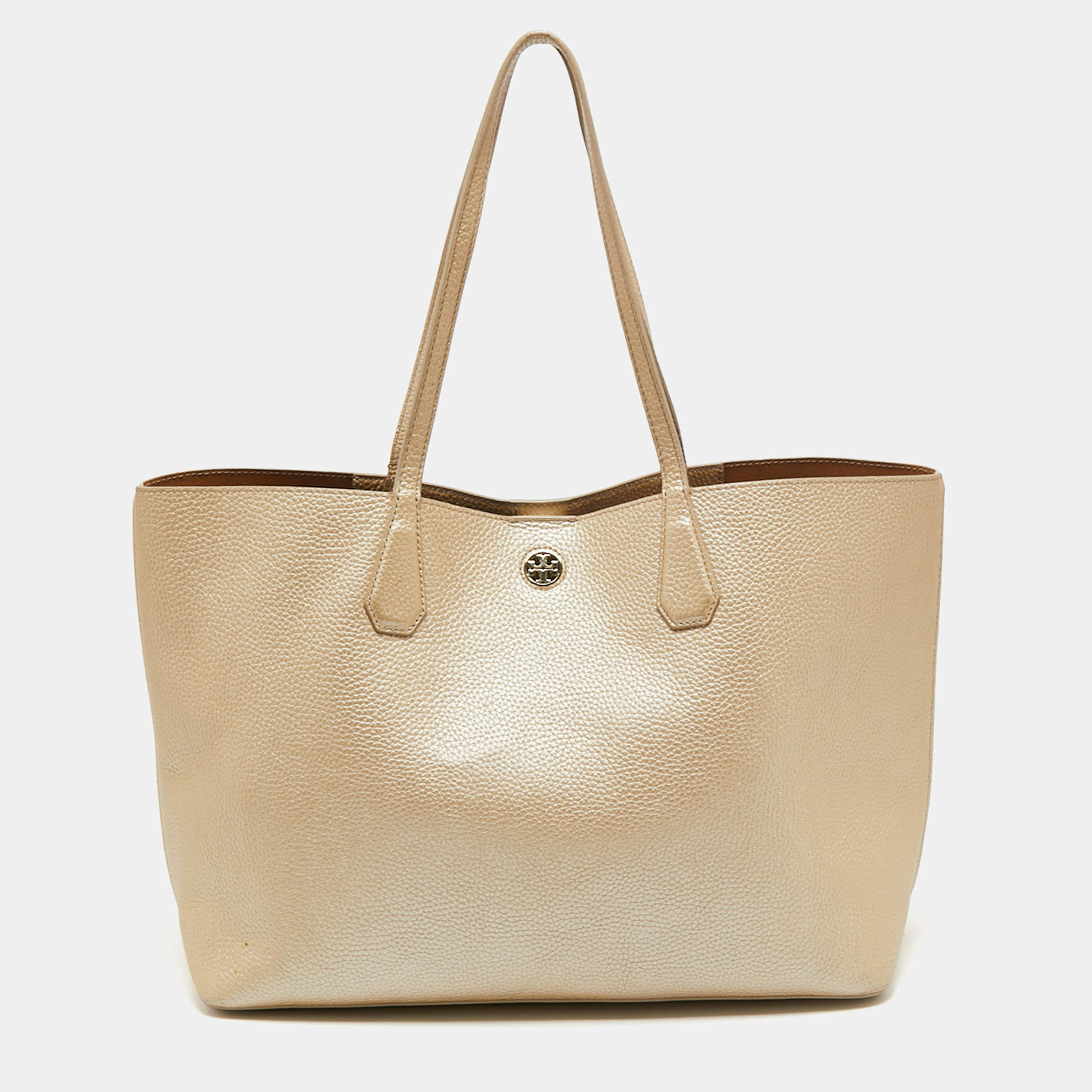 Pre Owned Tory Burch Metallic Beige Leather Perry Tote