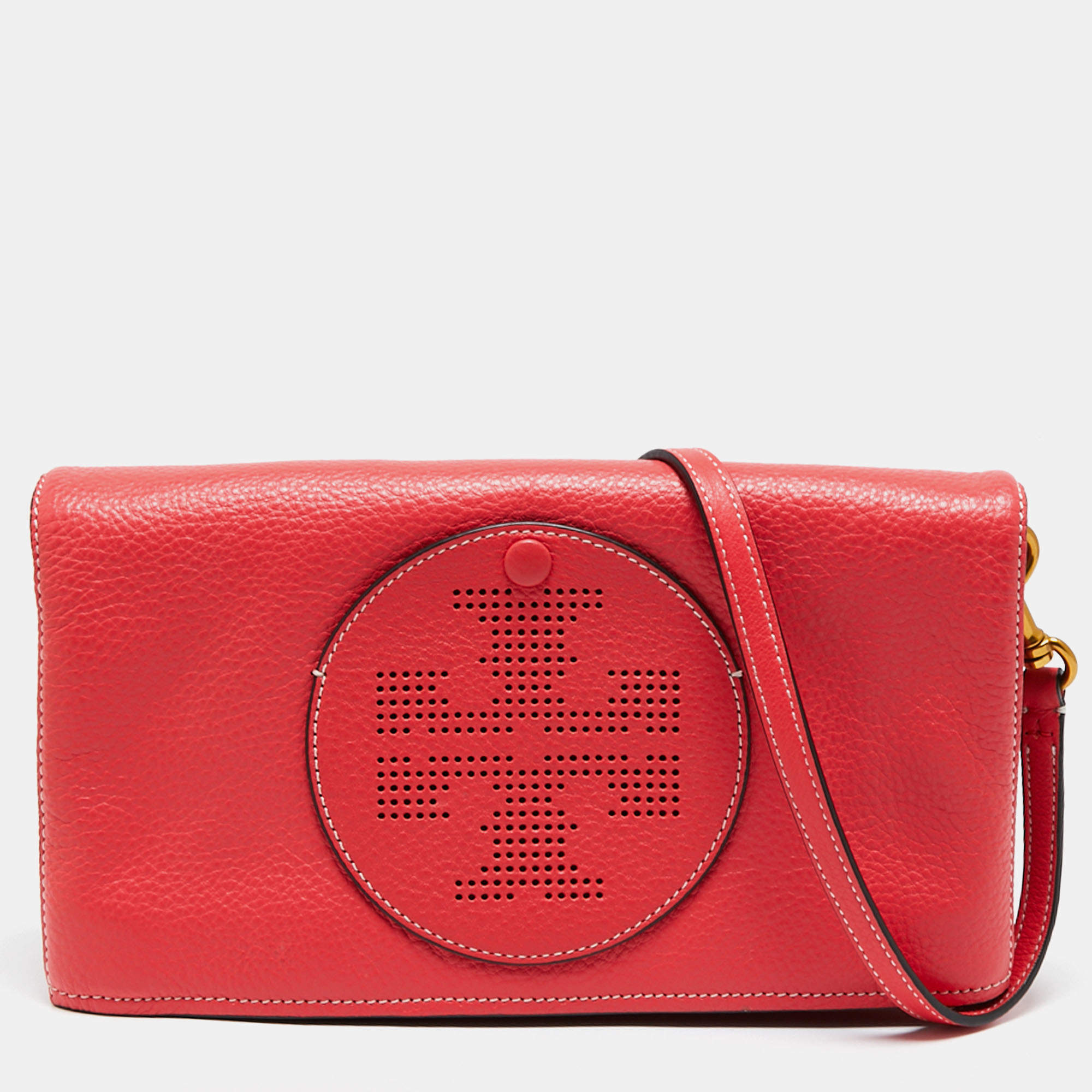 Tory Burch Red Leather Perforated Logo Fold Over Crossbody Bag Tory Burch |  TLC