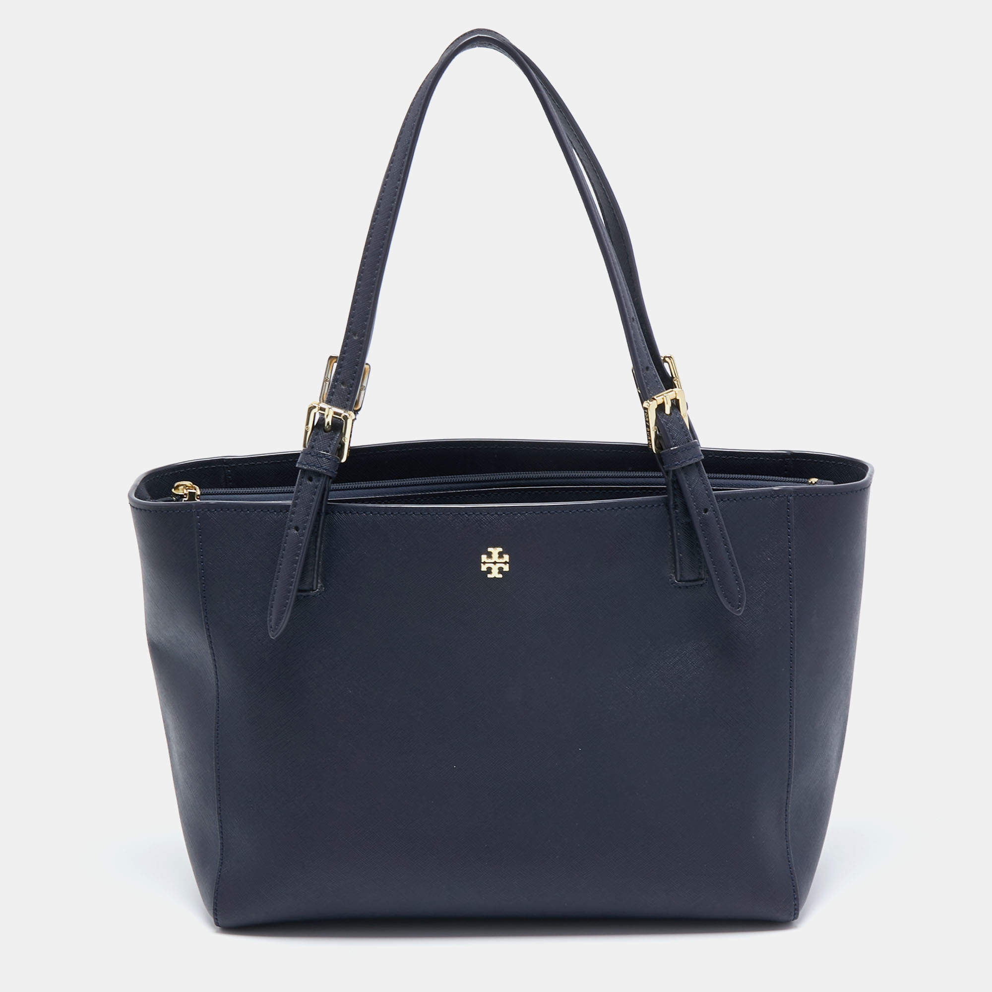 Pre Owned Tory Burch Navy Blue Leather Medium York Buckle Tote