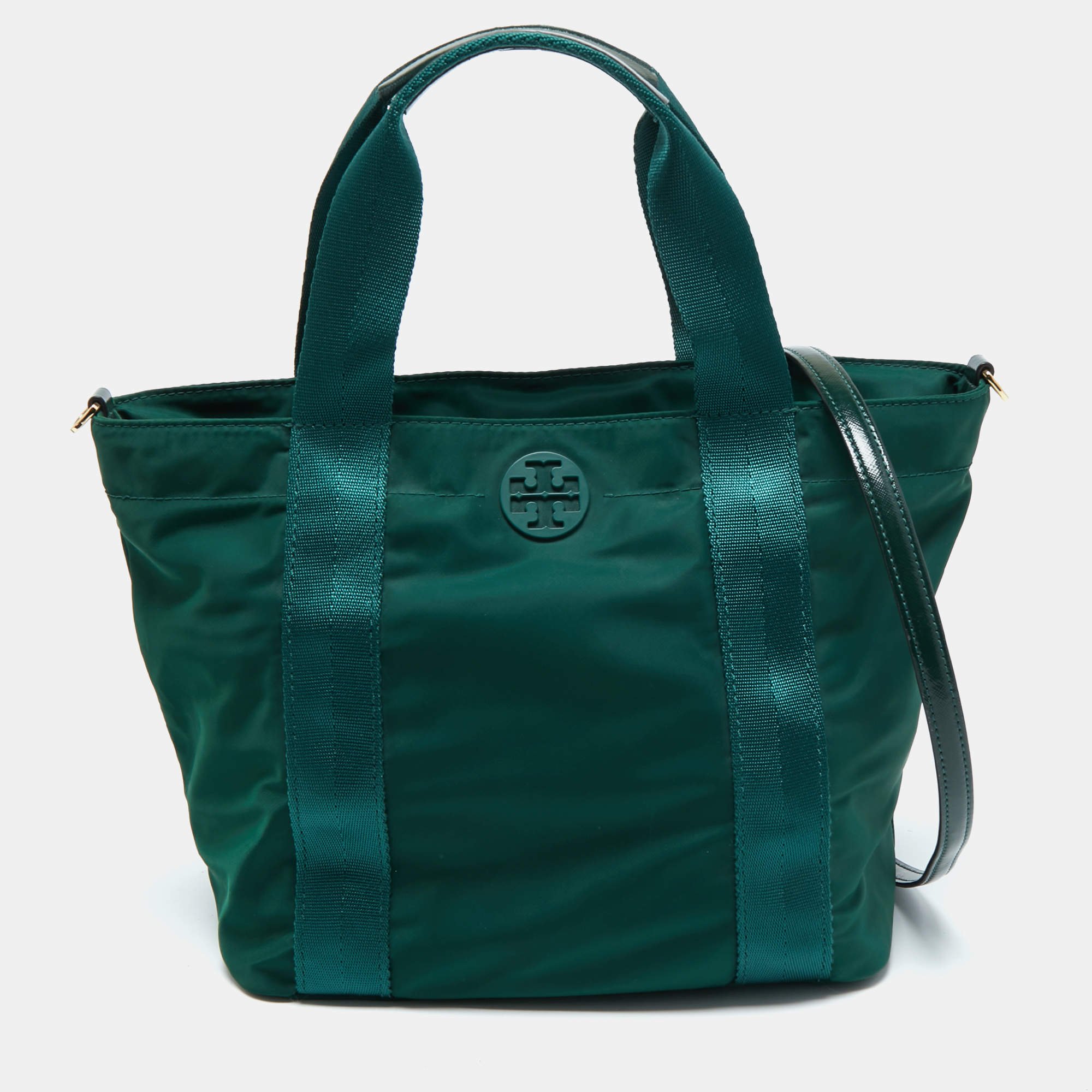 Pre Owned Tory Burch Green Nylon and Patent Leather Quinn Tote