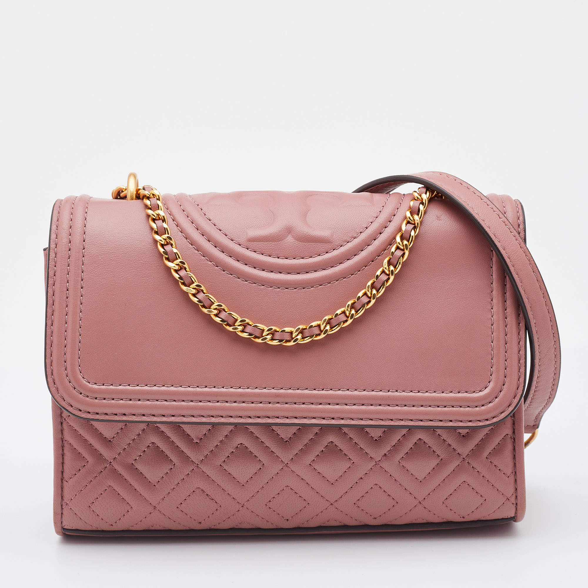 Pre Owned Tory Burch Rose Pink Leather Fleming Shoulder Bag