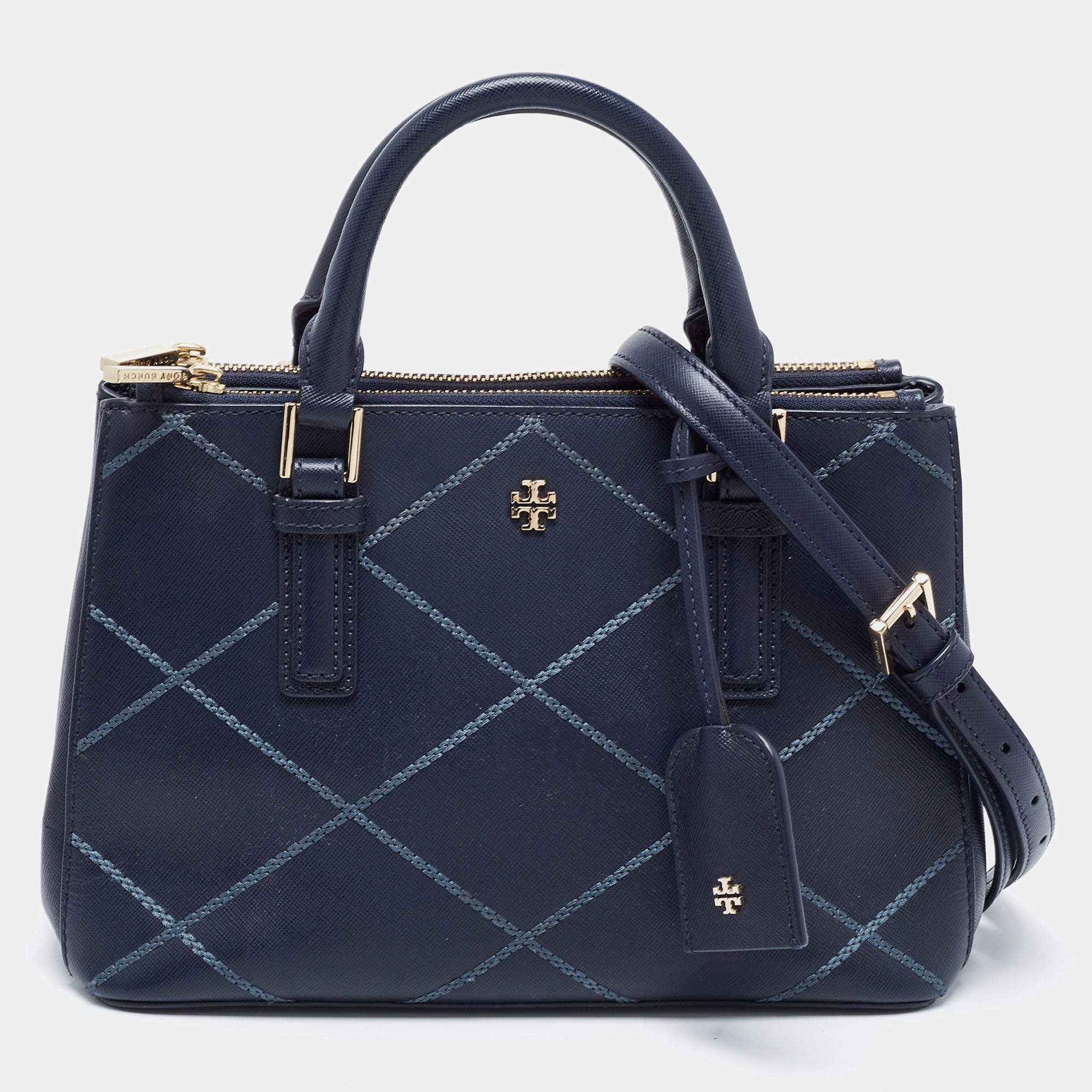 Pre Owned Tory Burch Navy Blue Quilt Stitched Leather Robinson Tote