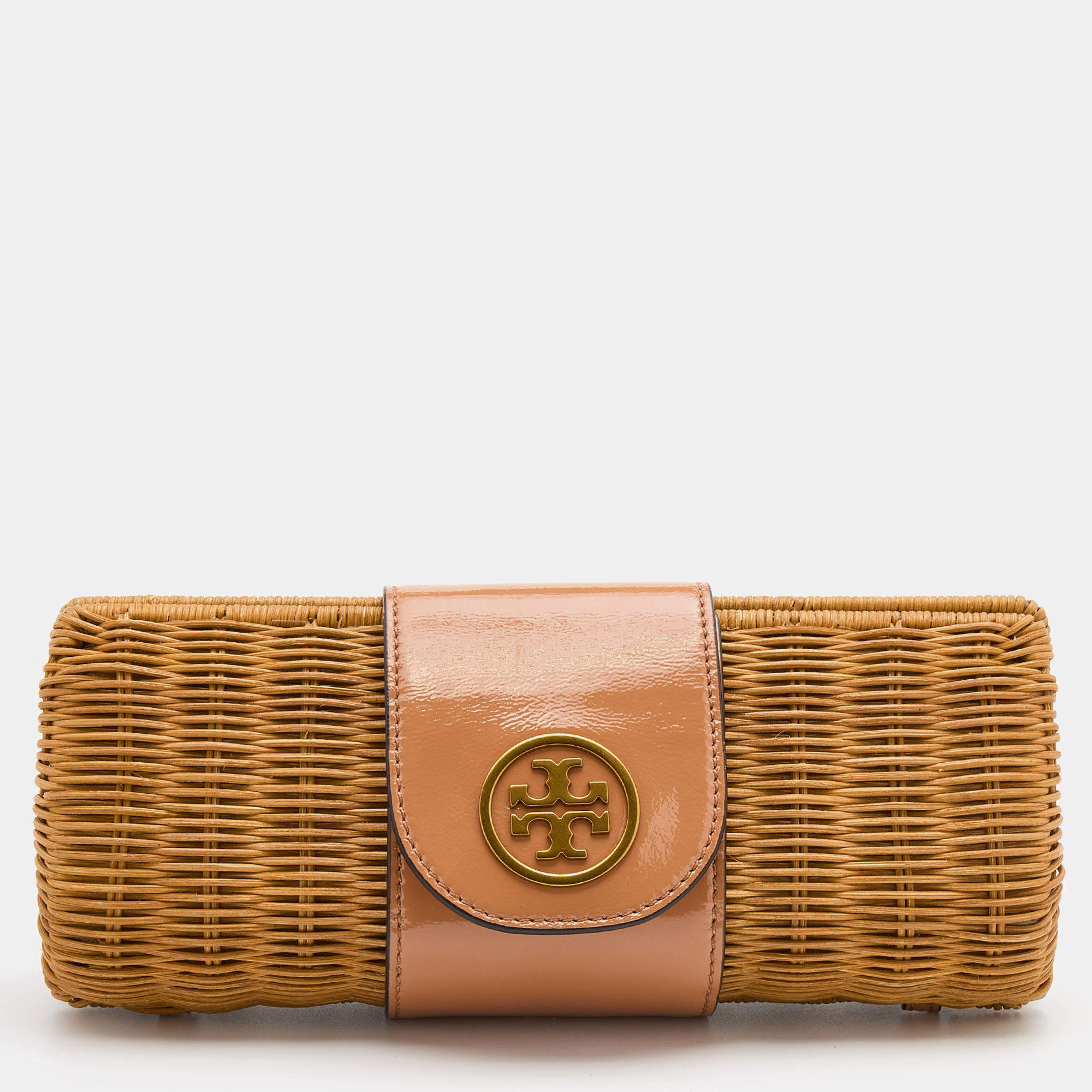 Pre Owned Tory Burch Tan/Beige Woven Rattan and Patent Leather Clutch
