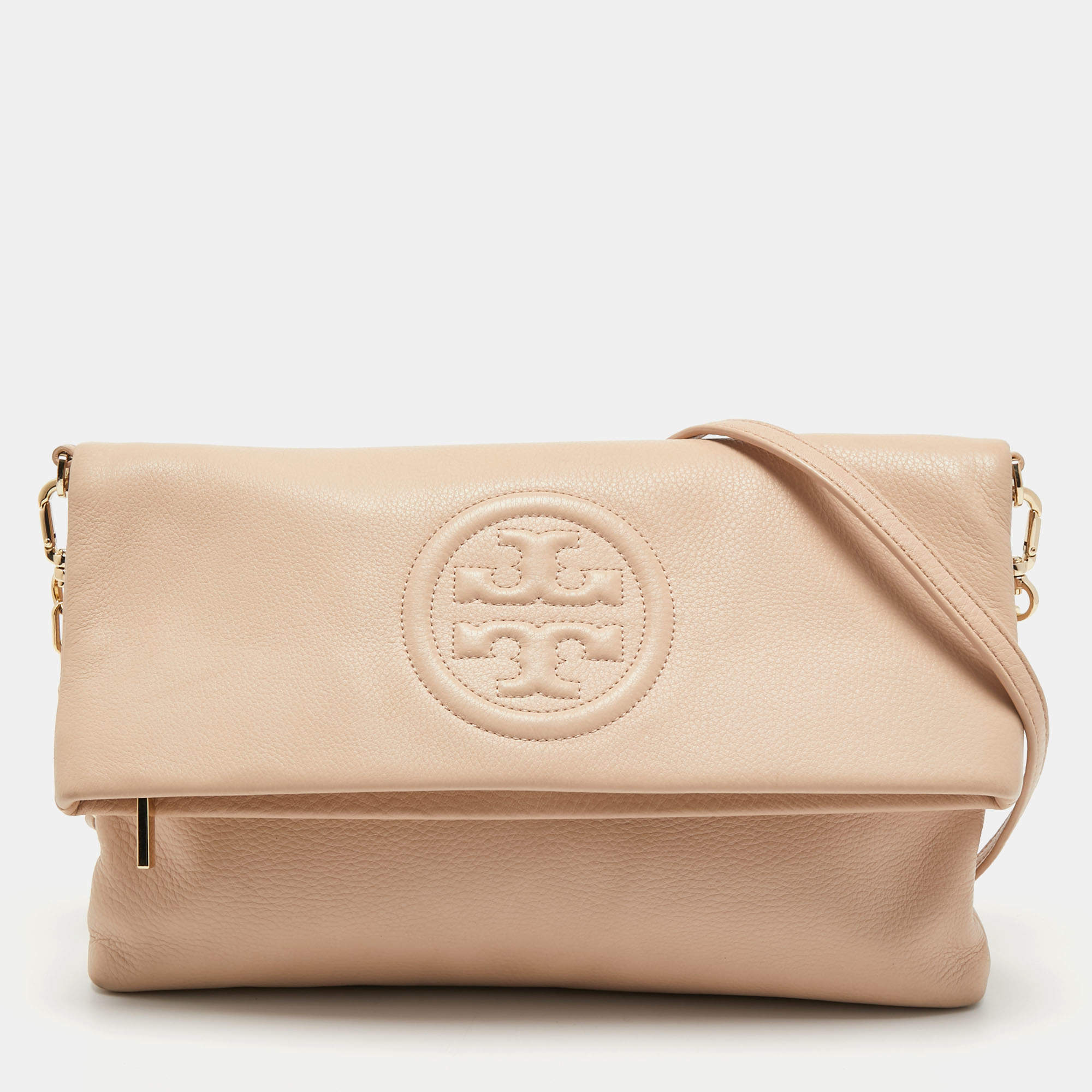Pre Owned Tory Burch Cream Leather Thea Fold Over Crossbody Bag