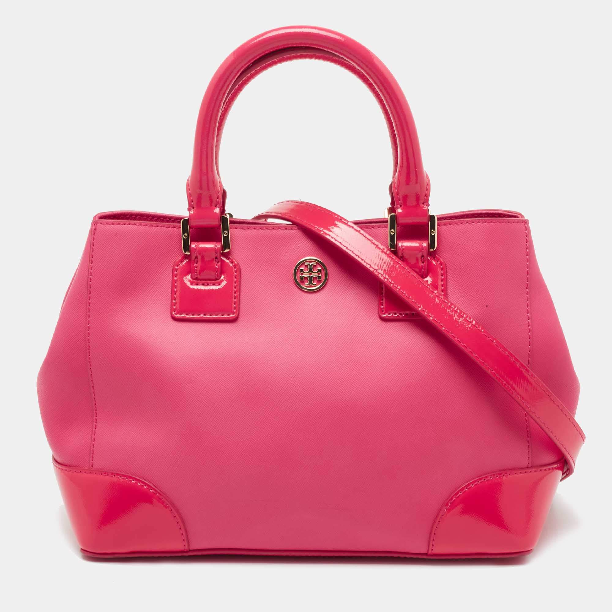 Pre Owned Tory Burch Pink Patent and Leather Zip Tote