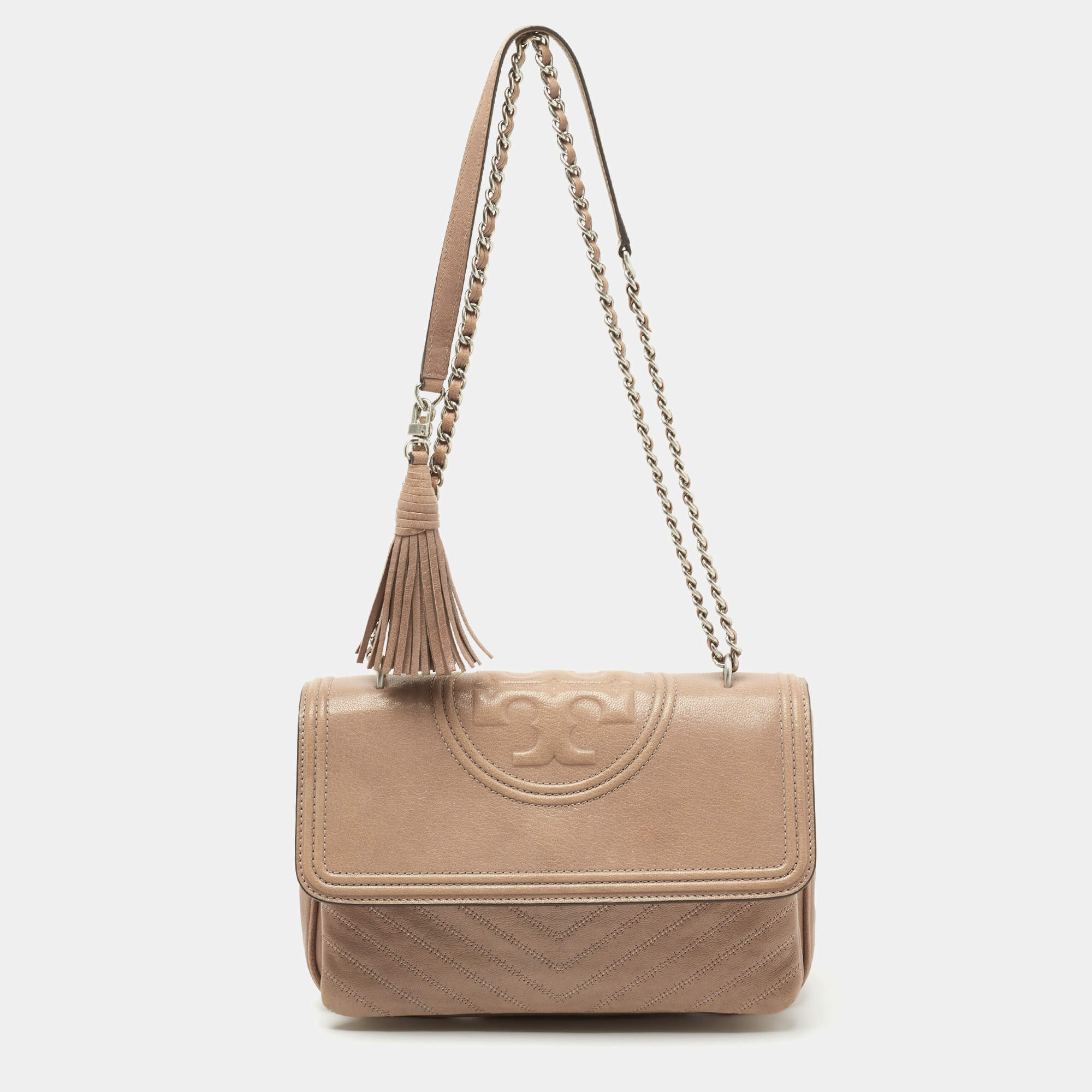 Pre Owned Tory Burch Beige Leather Fleming Shoulder Bag
