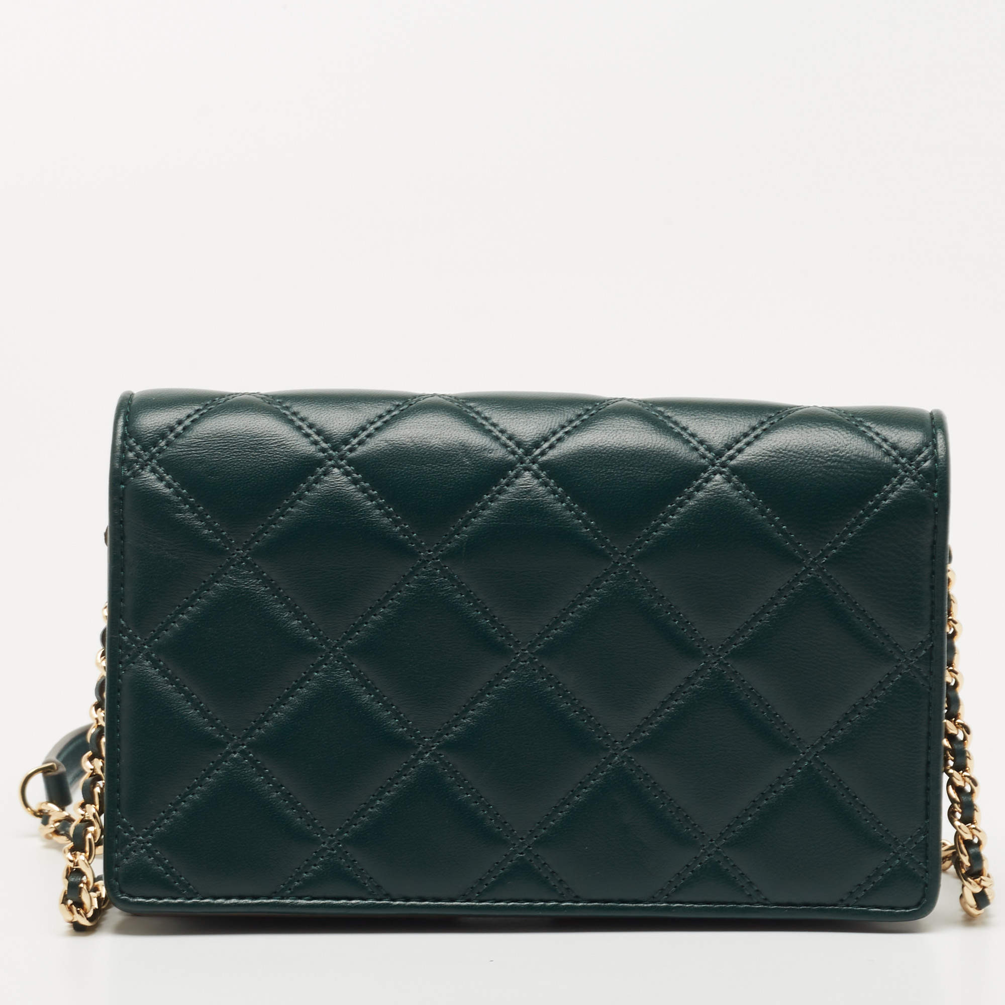 Tory Burch Dark Green Quilted Leather Savannah Chain Clutch Tory Burch | TLC