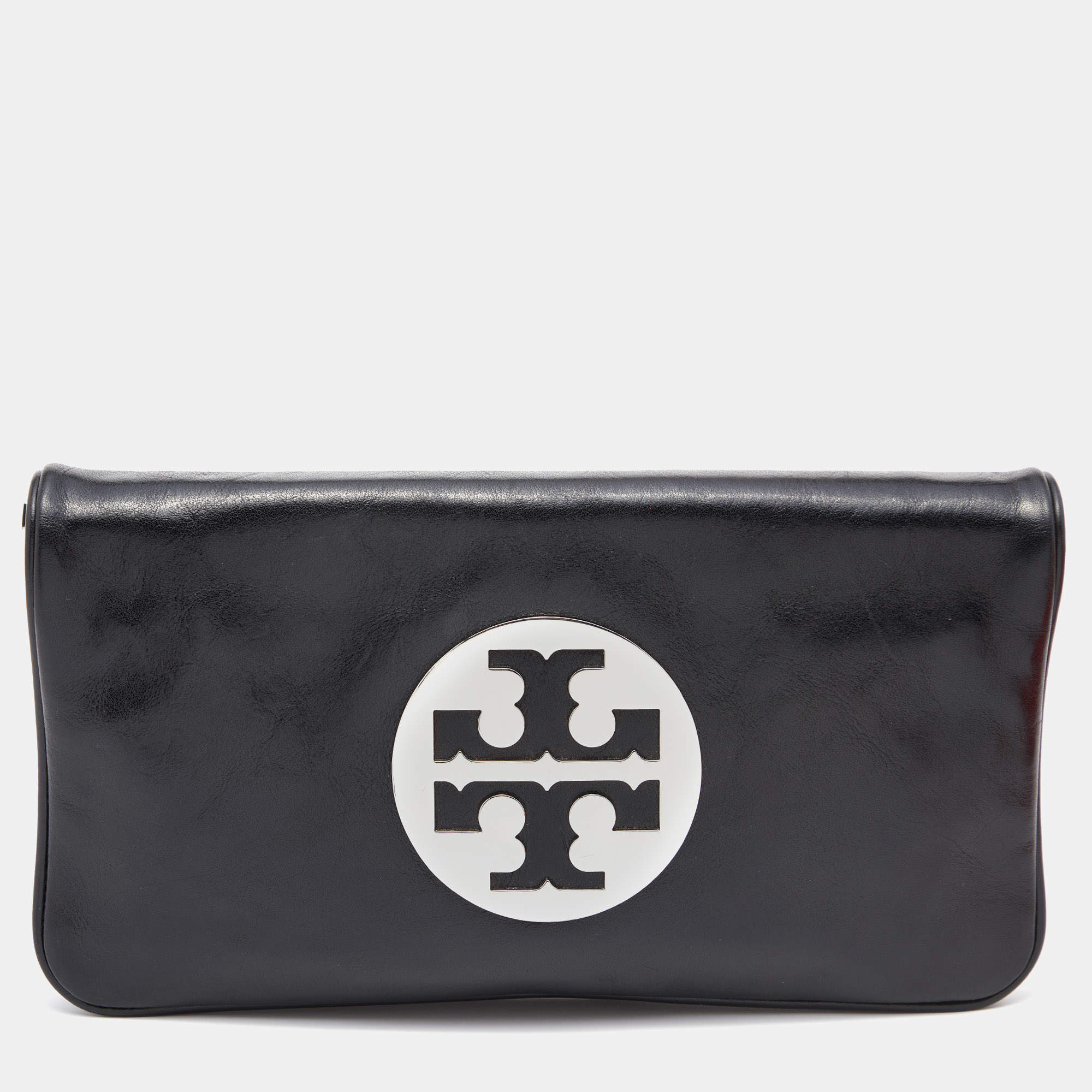 Pre Owned Tory Burch Black Leather Reva Flap Clutch