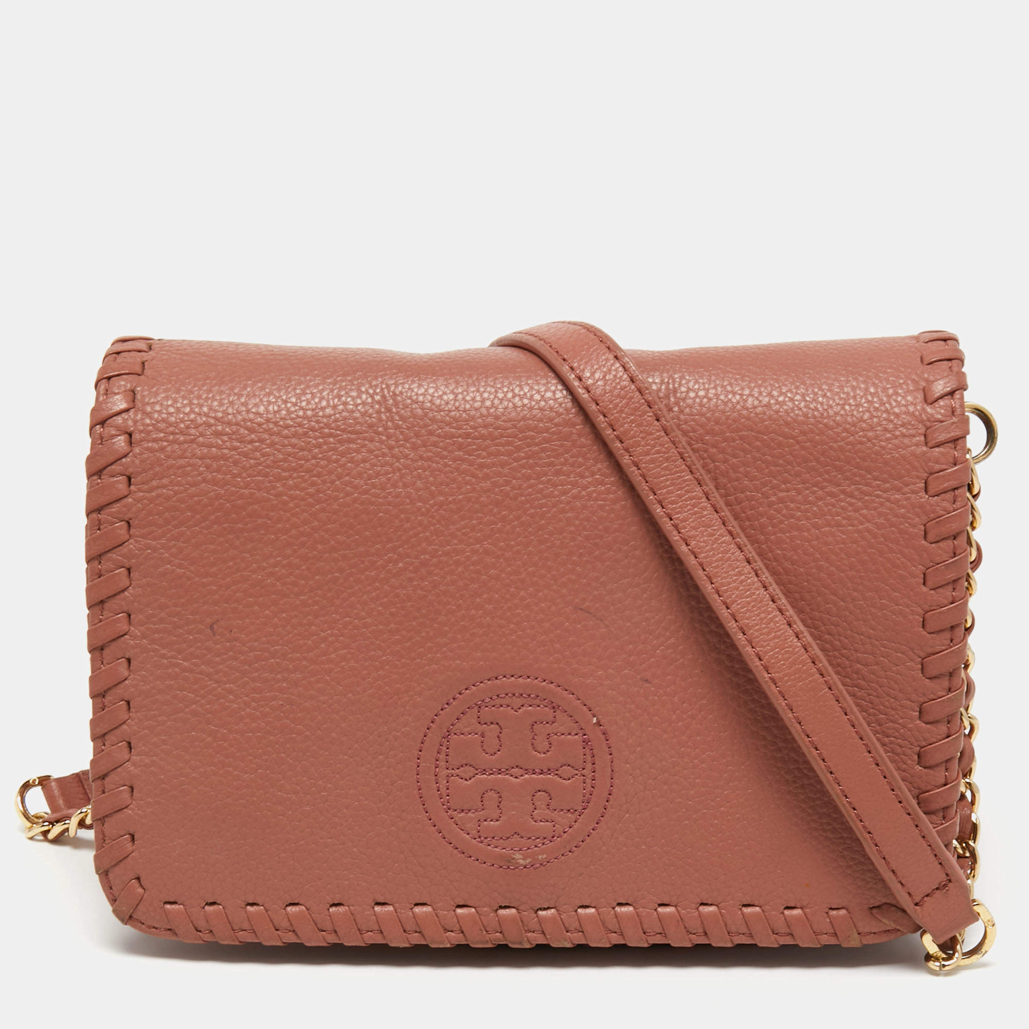 Pre Owned Tory Burch Dusty Rose Leather Marion Whipstitch Shoulder Bag