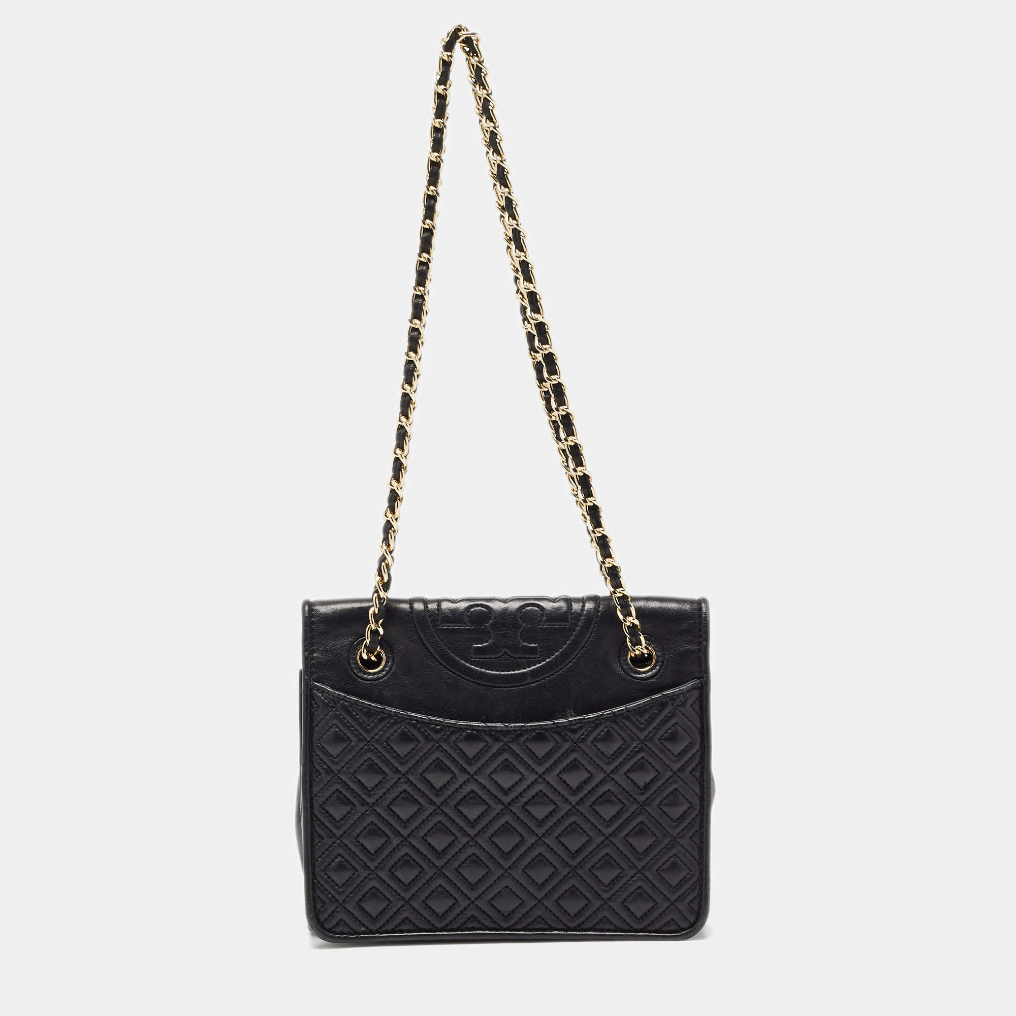 Pre Owned Tory Burch Black Quilted Leather Medium Fleming Shoulder Bag