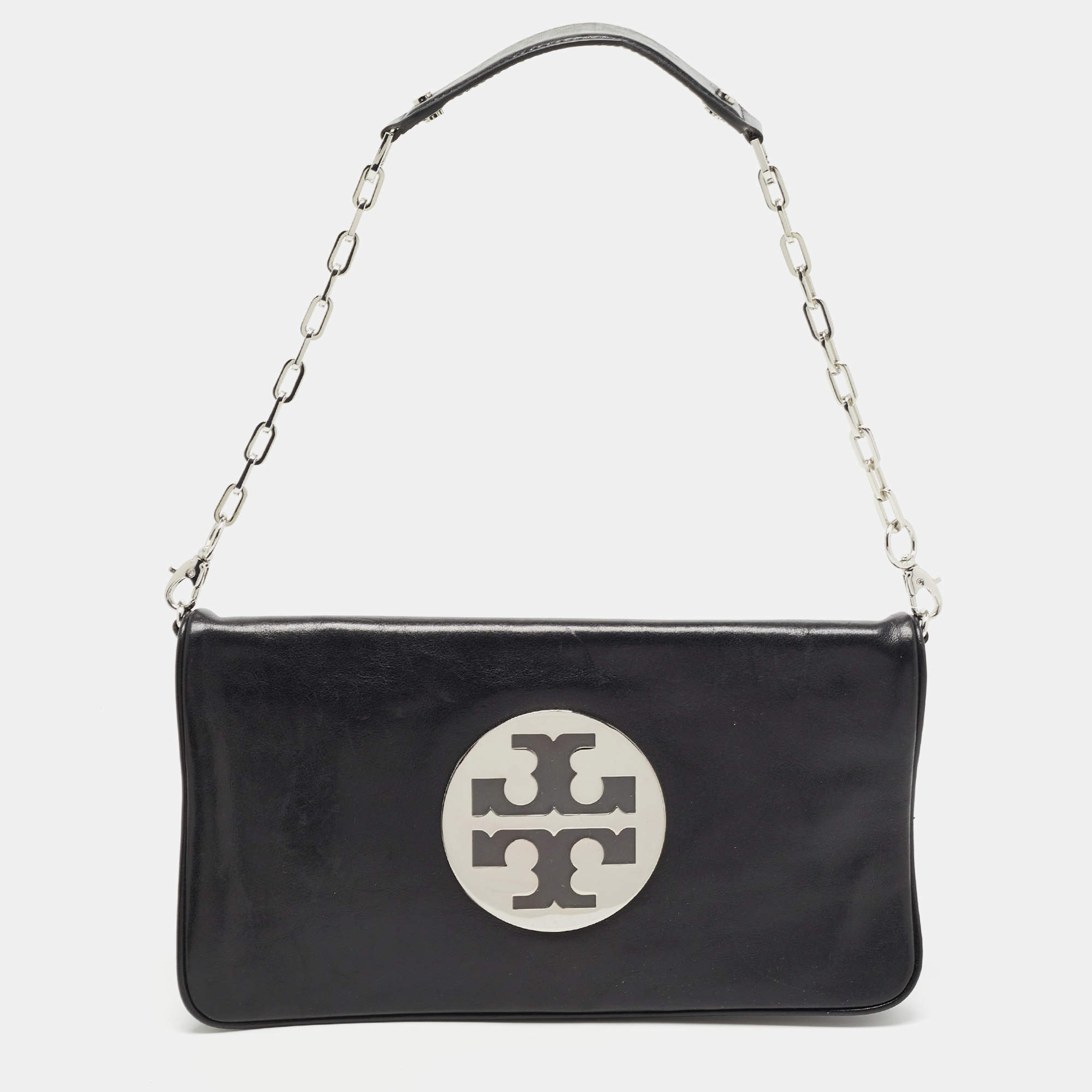 Pre Owned Tory Burch Black Leather Reva Chain Clutch