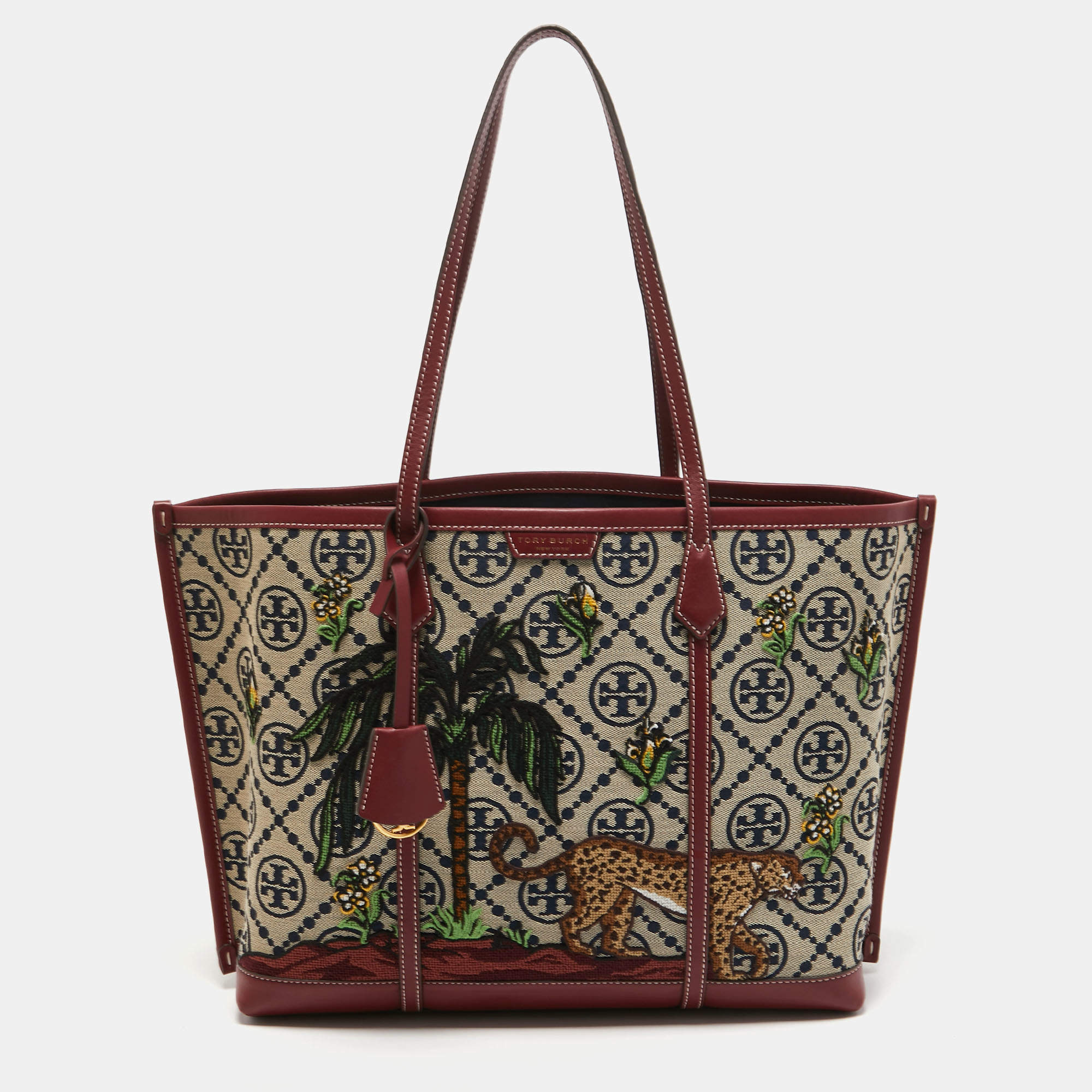 Pre Owned Tory Burch Burgundy Embroidered T Monogram Canvas and Leather Large Perry Tote