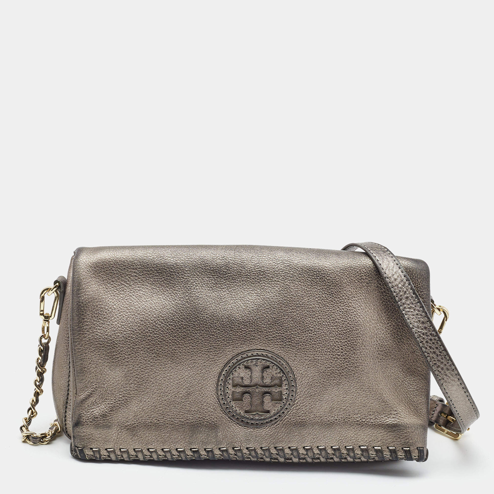 Pre Owned Tory Burch Metallic Leather Foldover Crossbody Bag