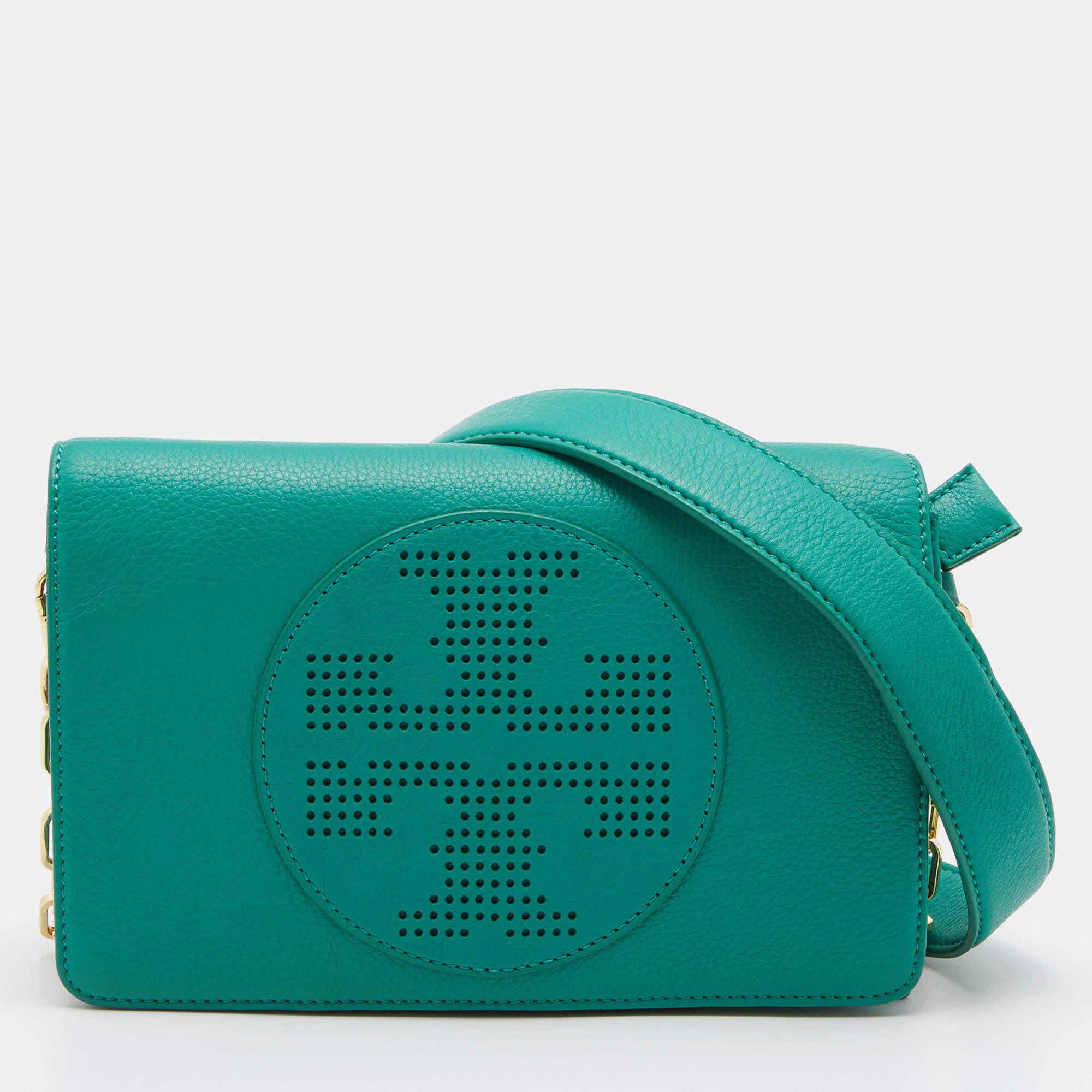 Pre Owned Tory Burch Green Leather Perforated Kipp Crossbody Bag