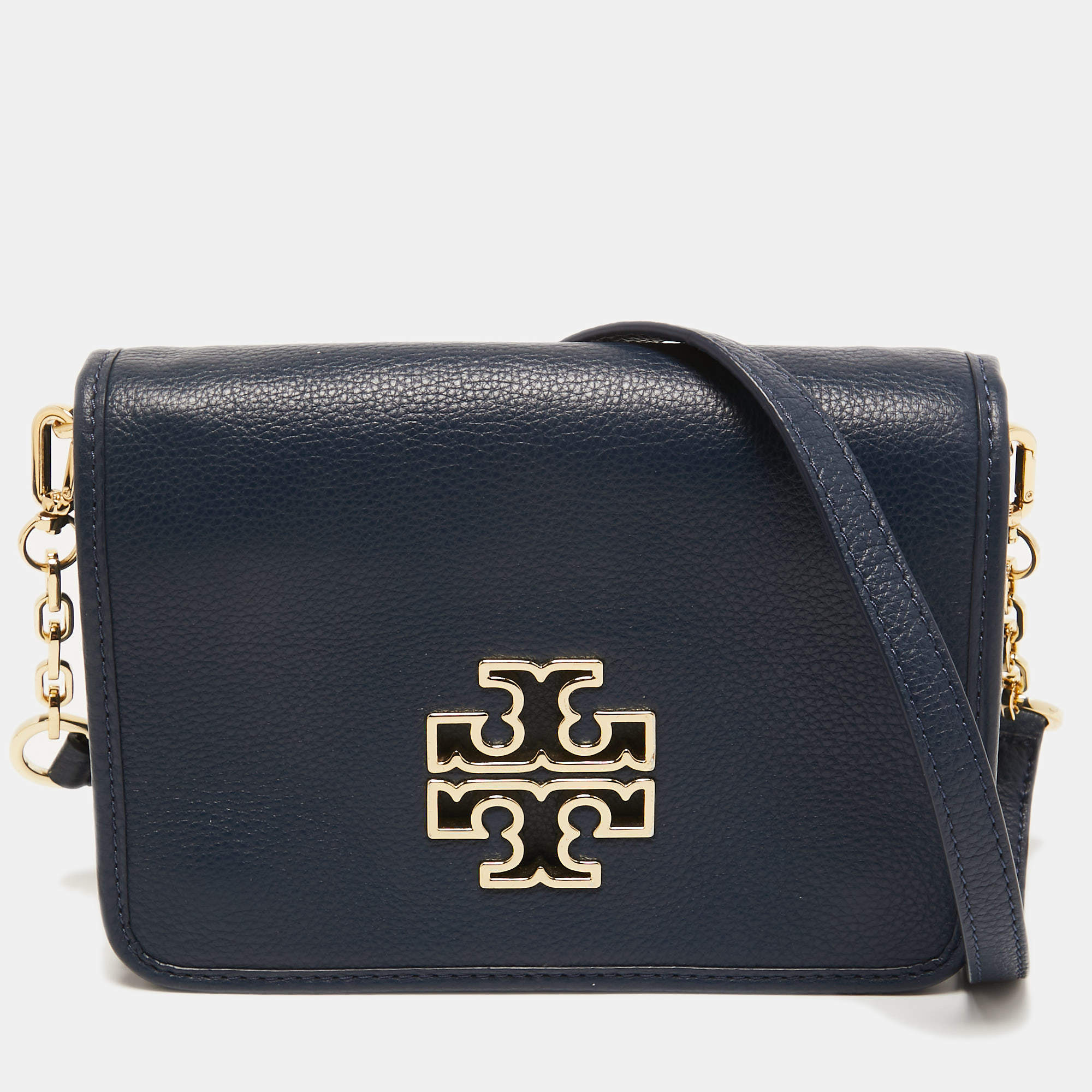 Pre Owned Tory Burch Dark Blue Leather Britten Flap Crossbody Bag