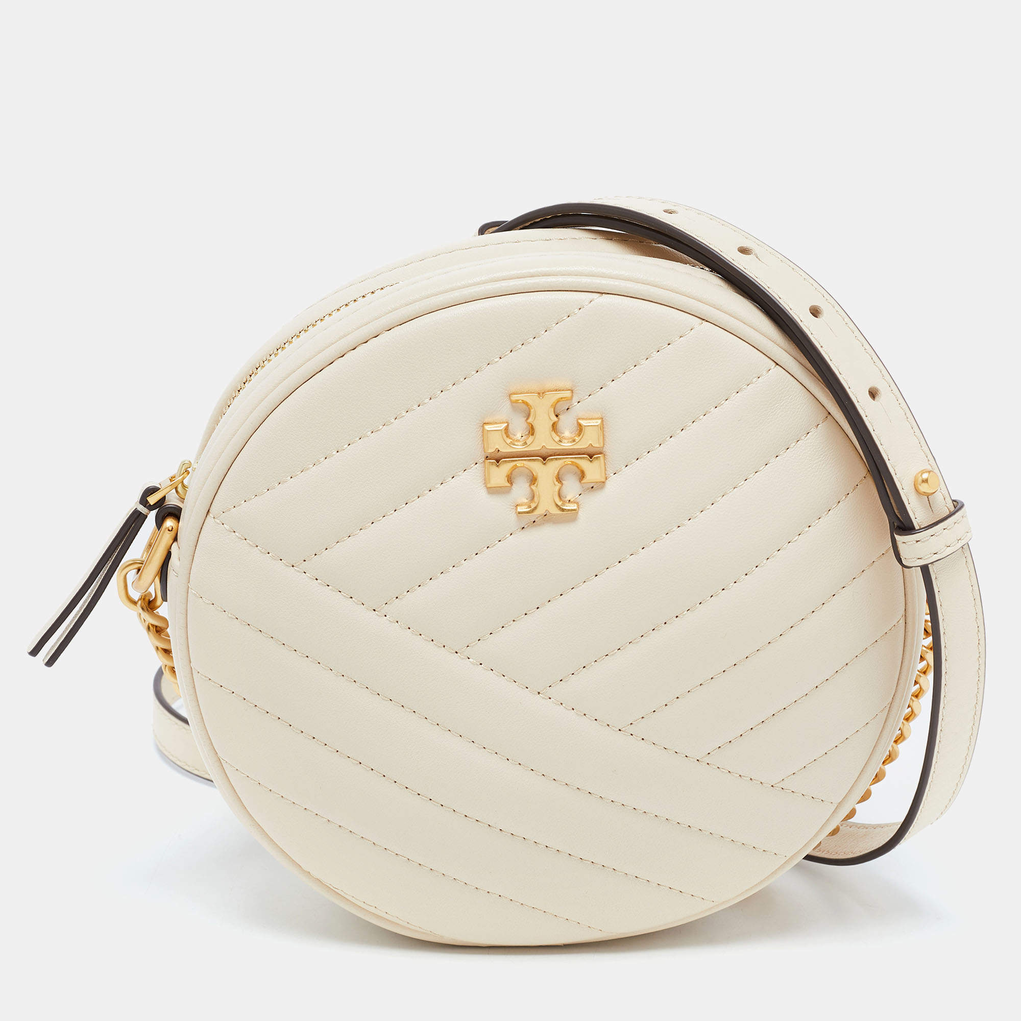 Pre Owned Tory Burch Cream Quilted Leather Small Kira Circle Bag