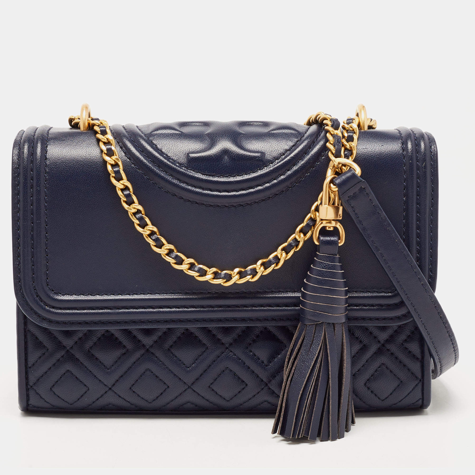 Pre Owned Tory Burch Navy Blue Leather Small Fleming Shoulder Bag