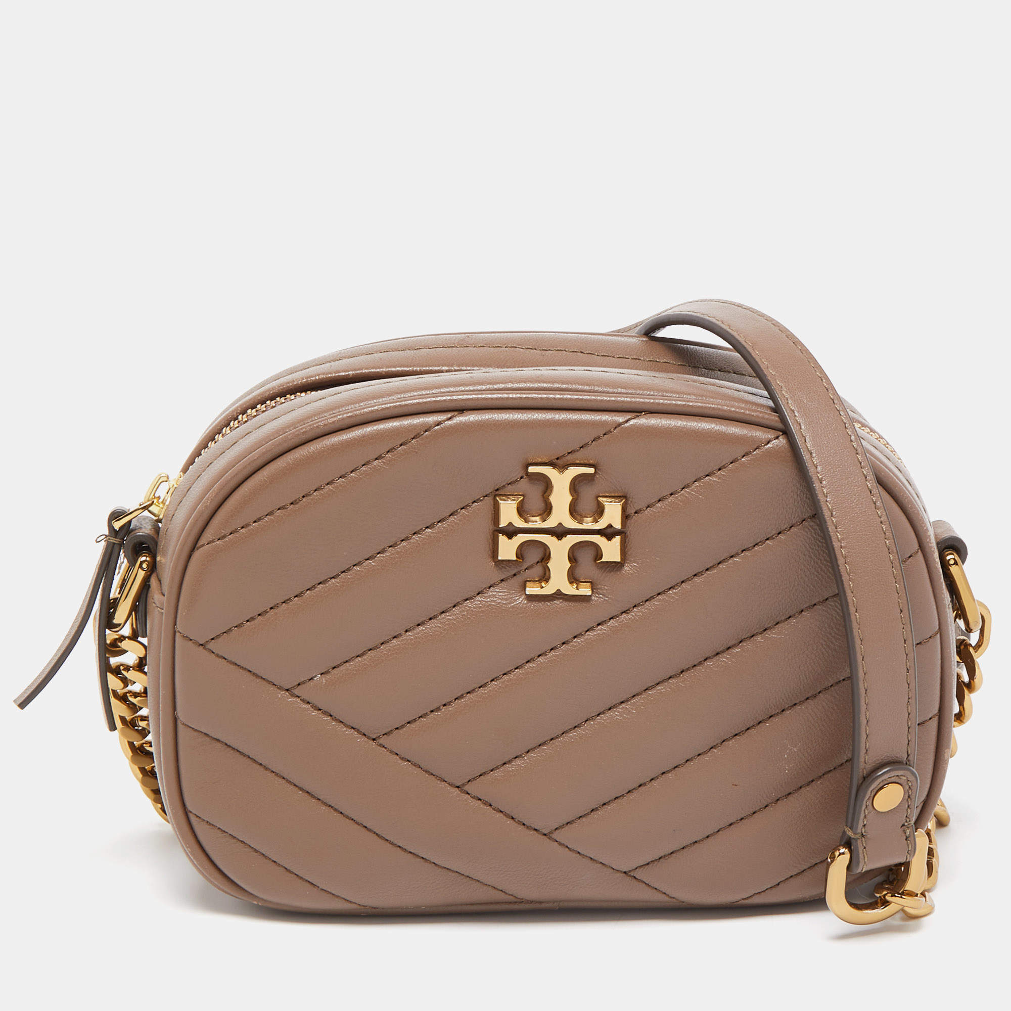 Pre Owned Tory Burch Beige Chevron Leather Small Kira Camera Bag