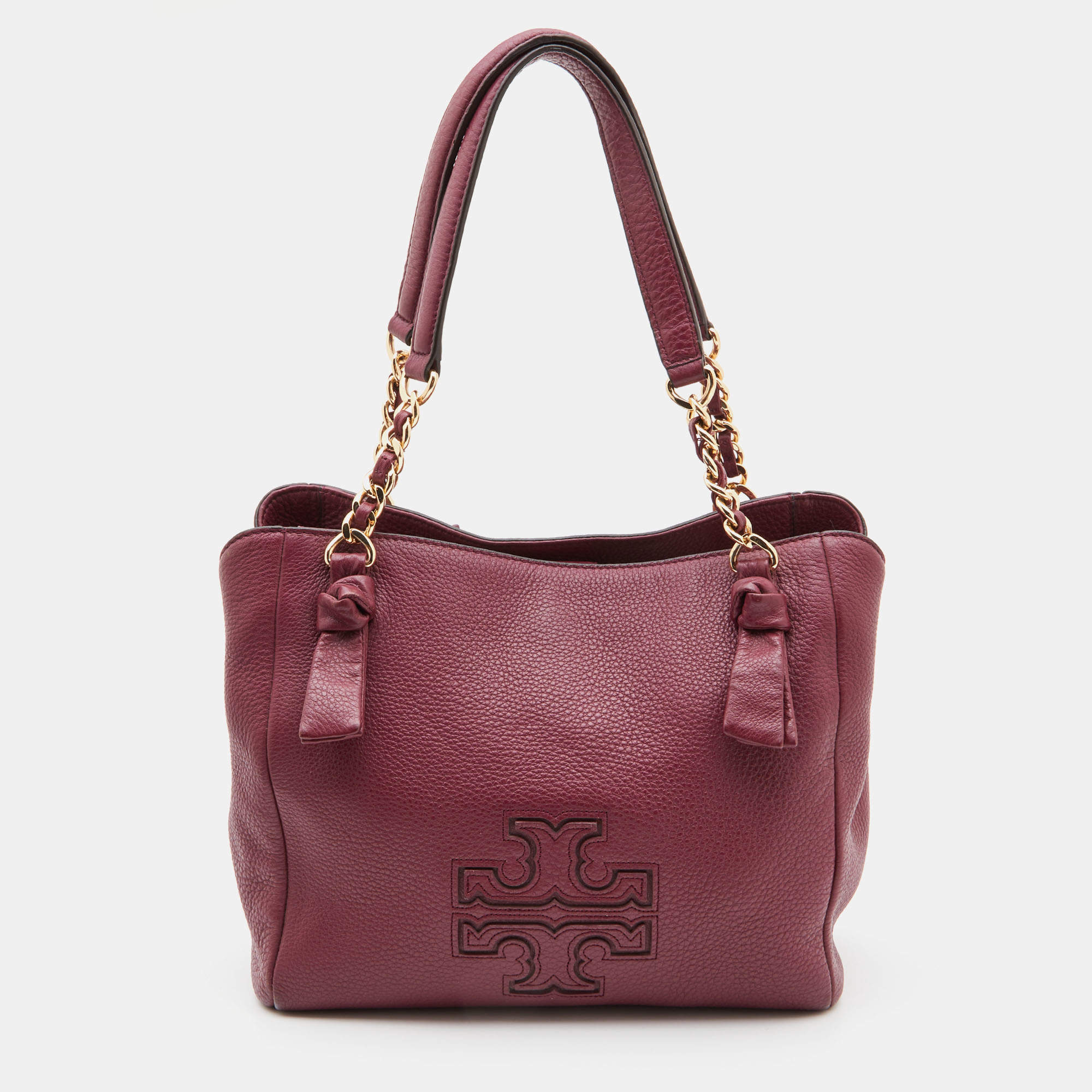 Pre Owned Tory Burch Burgundy Leather Chain Tote