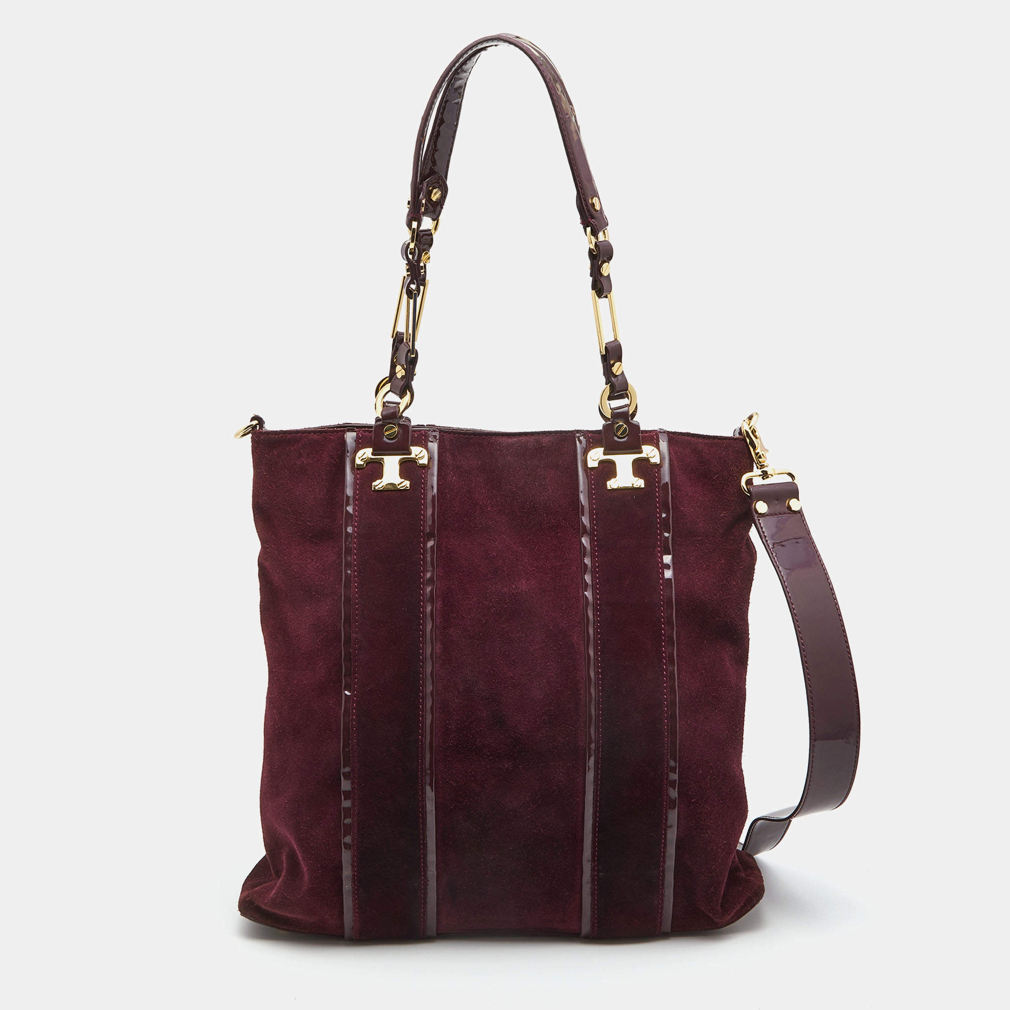 Pre Owned Tory Burch Burgundy Suede and Patent Leather Tote
