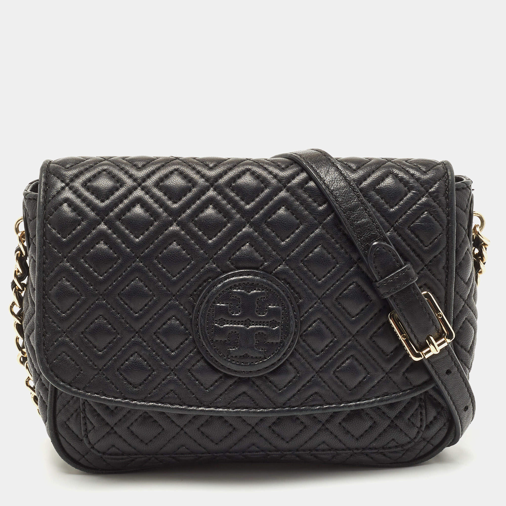 Pre Owned Tory Burch Black Quilted Leather Marion Crossbody Bag