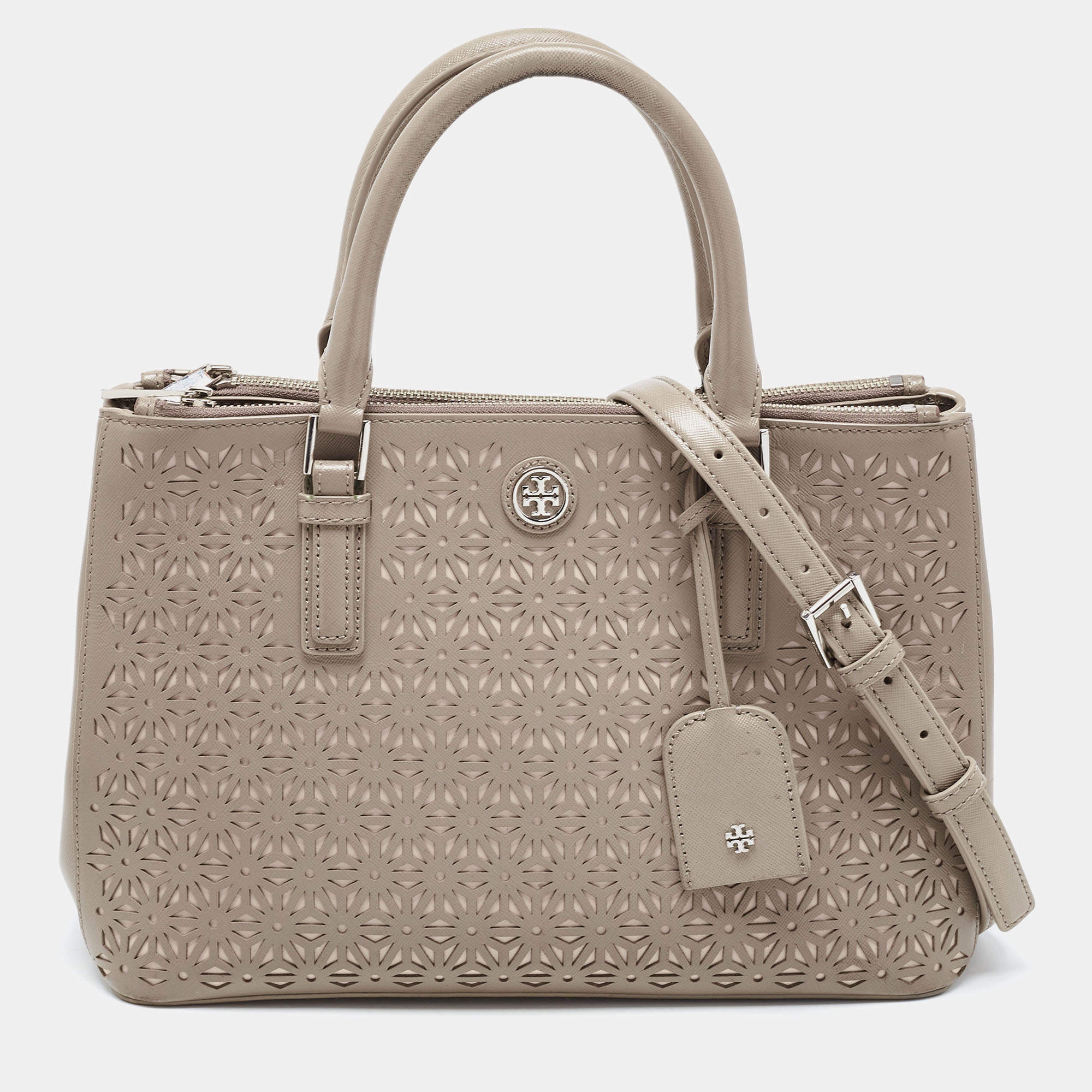 Pre Owned Tory Burch Grey Floral Laser Cut Leather Double Zip Robinson Tote