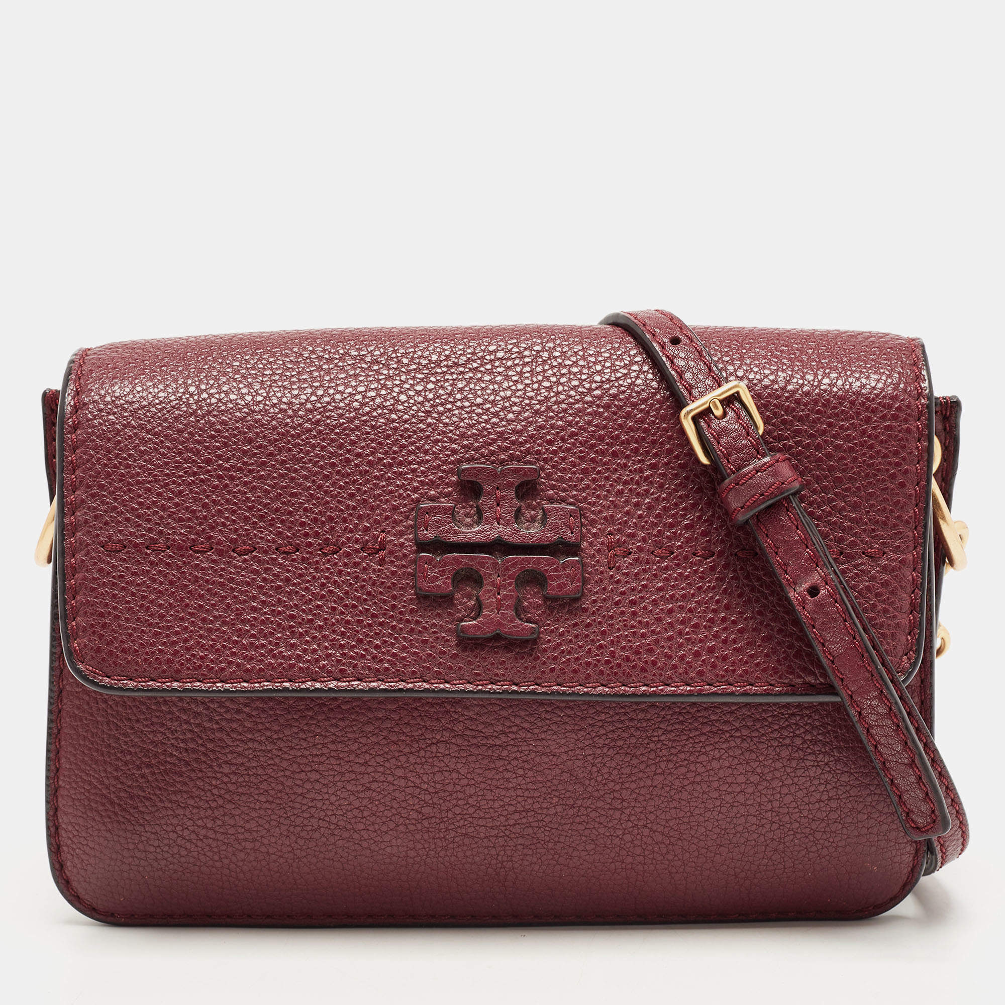 Pre Owned Tory Burch Burgundy Leather Mcgraw Crossbody Bag